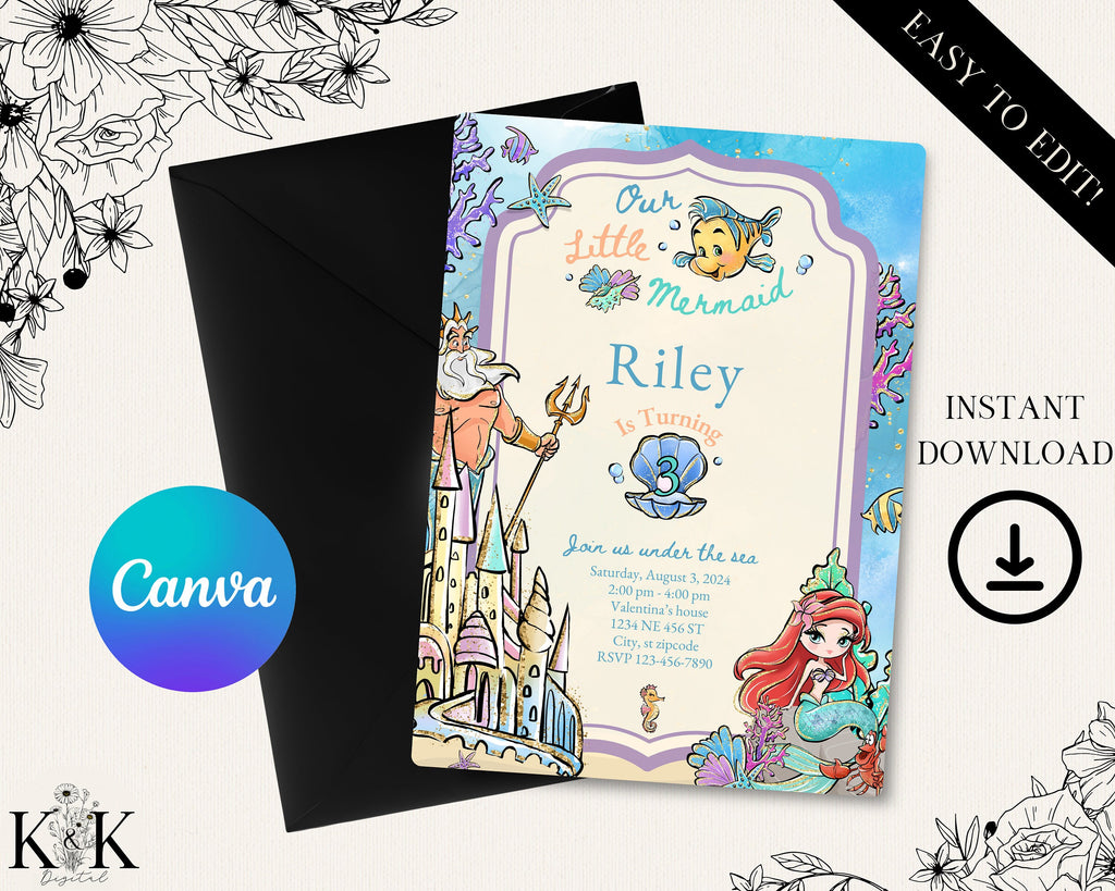 Little Mermaid Birthday Invitation - Editable Digital File - Princess Party Theme - Instant Download- Digital Invitation- Ariel Sea Party