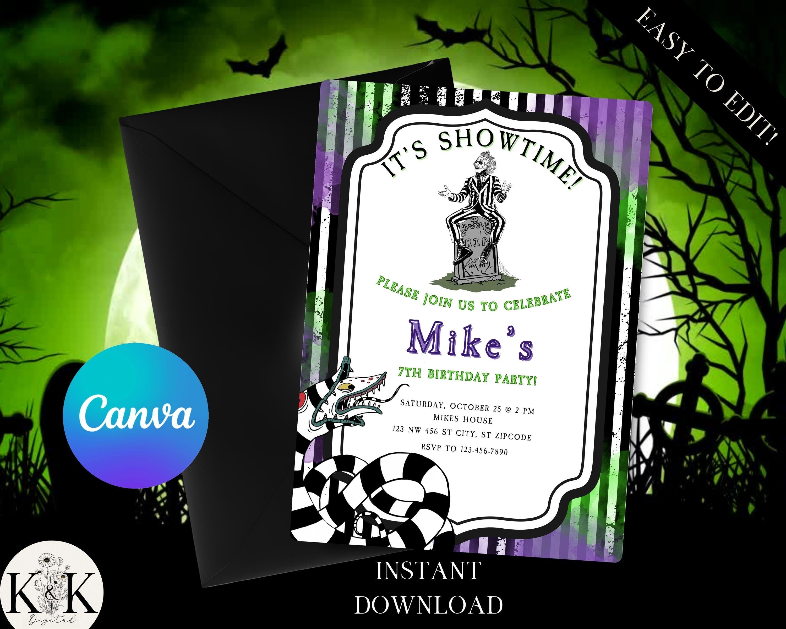 Beetlejuice Birthday invitation, printable Invitation, Halloween Party Invite Template, Editable Invitation, Kids Birthday, Scary party