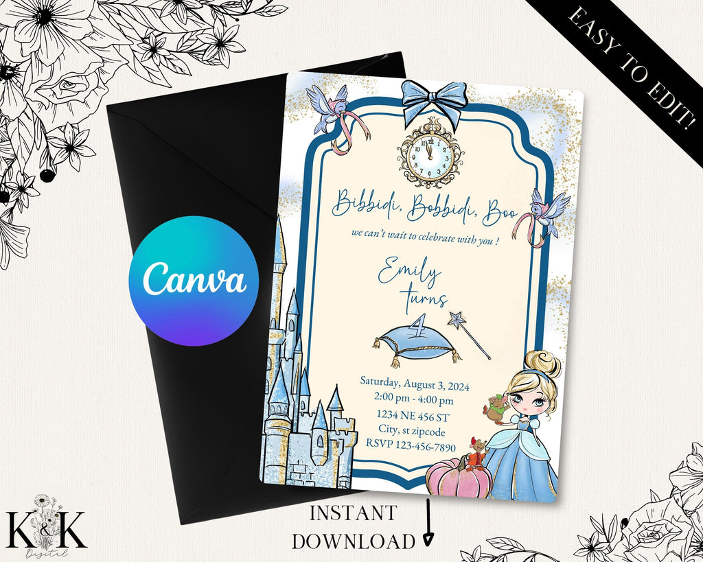 Cinderella Birthday Invitation, Princess Party Theme, Disney Party, Cinderella Party Invite, Canva Template, Digital Invitation, Royal Party