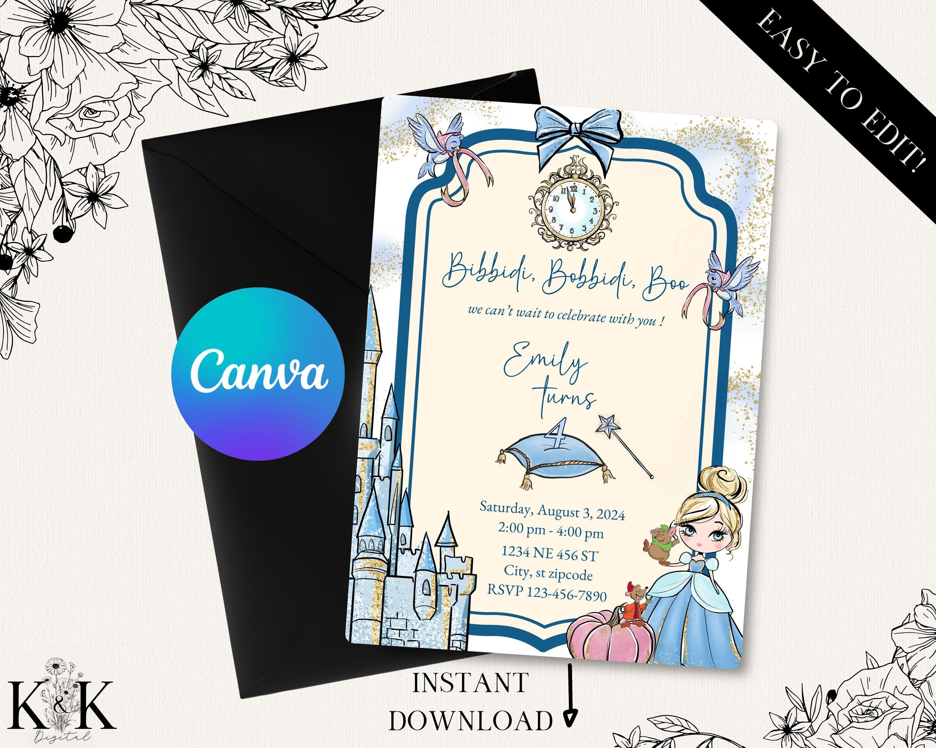 Cinderella Birthday Invitation, Princess Party Theme, Disney Party, Cinderella Party Invite, Canva Template, Digital Invitation, Royal Party