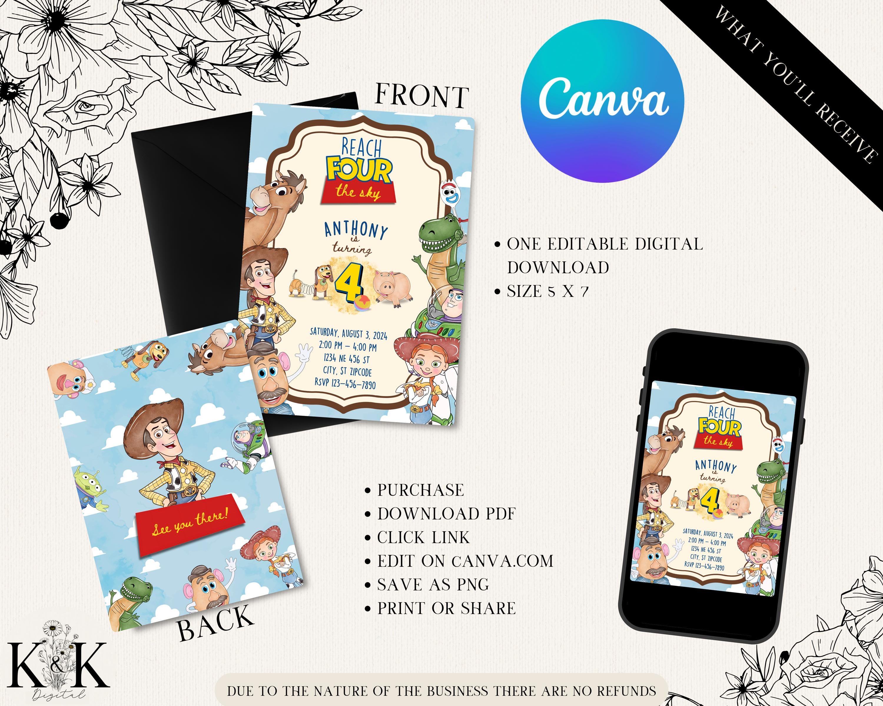 Reach for the Sky fourth Birthday Toy Story Invitation, Fourth Birthday Party, Kids Digital invitation, Kids Birthday Party, Template, T001