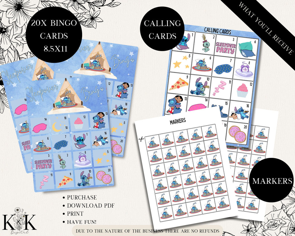 Stitch Slumber Party Bingo, Pajama Party Bingo, Sleepover Bingo, 20 Slumber Party Bingo Cards, Pajama Party Game, Slumber Party Game, S006