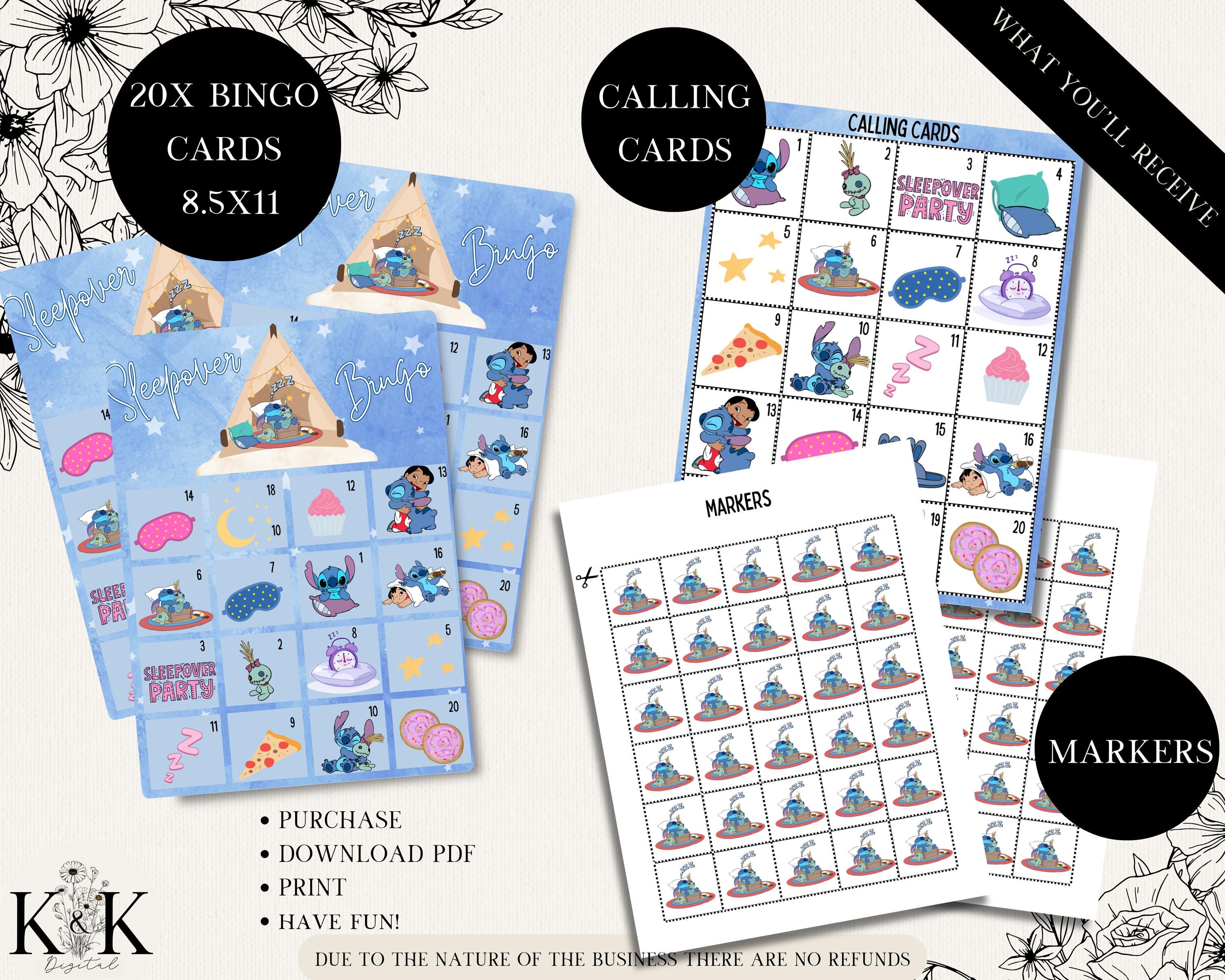 Stitch Slumber Party Bingo, Pajama Party Bingo, Sleepover Bingo, 20 Slumber Party Bingo Cards, Pajama Party Game, Slumber Party Game, S006