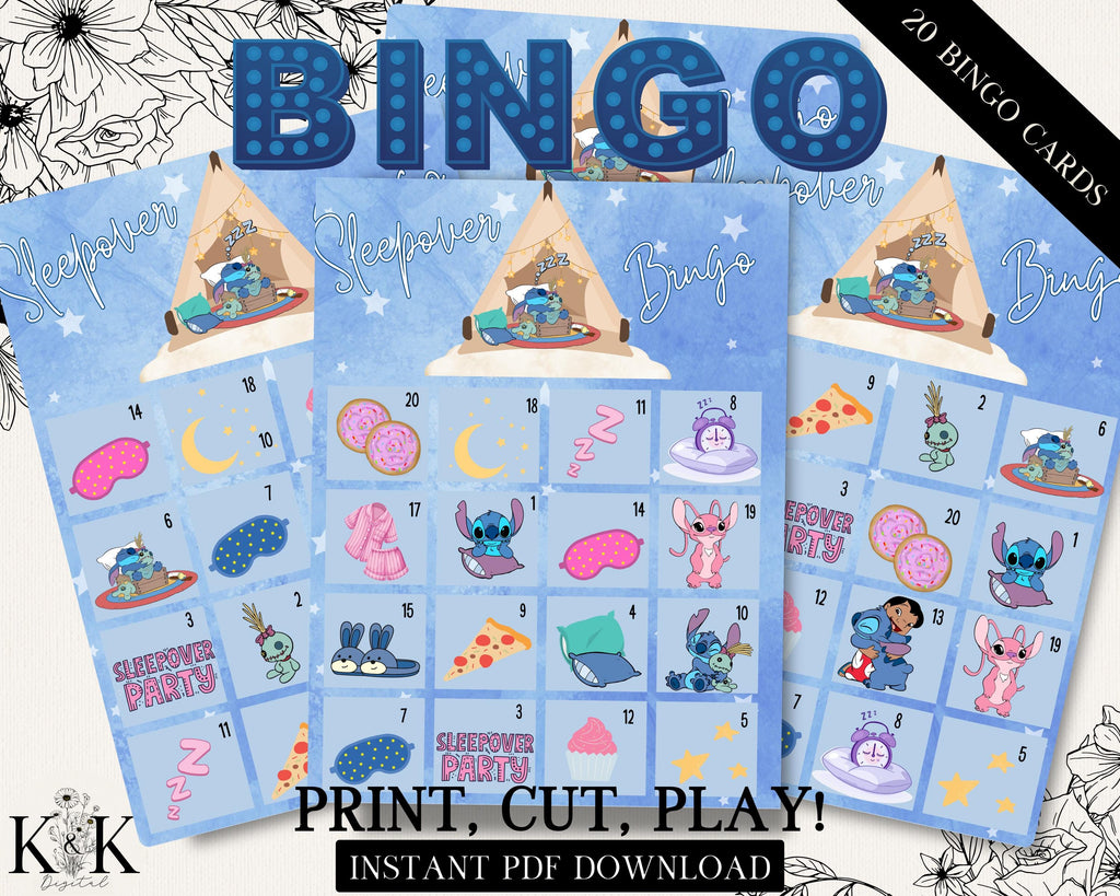 Stitch Slumber Party Bingo, Pajama Party Bingo, Sleepover Bingo, 20 Slumber Party Bingo Cards, Pajama Party Game, Slumber Party Game, S006