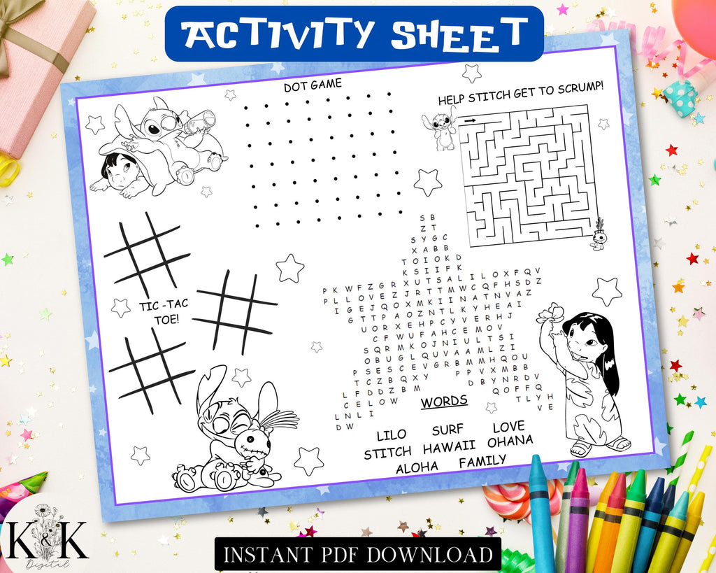 Stitch Kid Activity Placemat, Kids Placemat, Kids Coloring Sheet, Lilo and Stitch Party Games, Activity Sheets for Kids, Coloring Page, S006