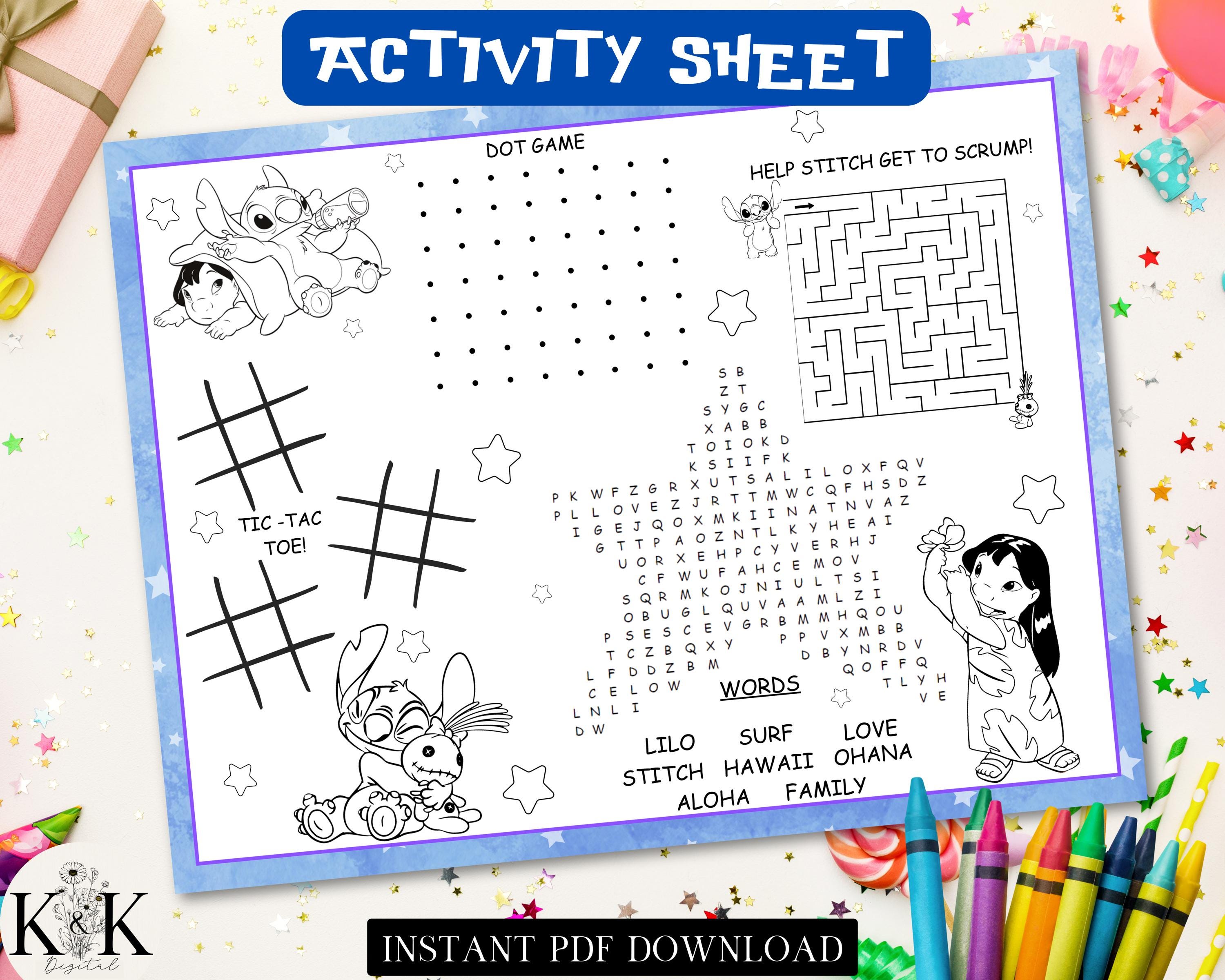 Stitch Kid Activity Placemat, Kids Placemat, Kids Coloring Sheet, Lilo and Stitch Party Games, Activity Sheets for Kids, Coloring Page, S006
