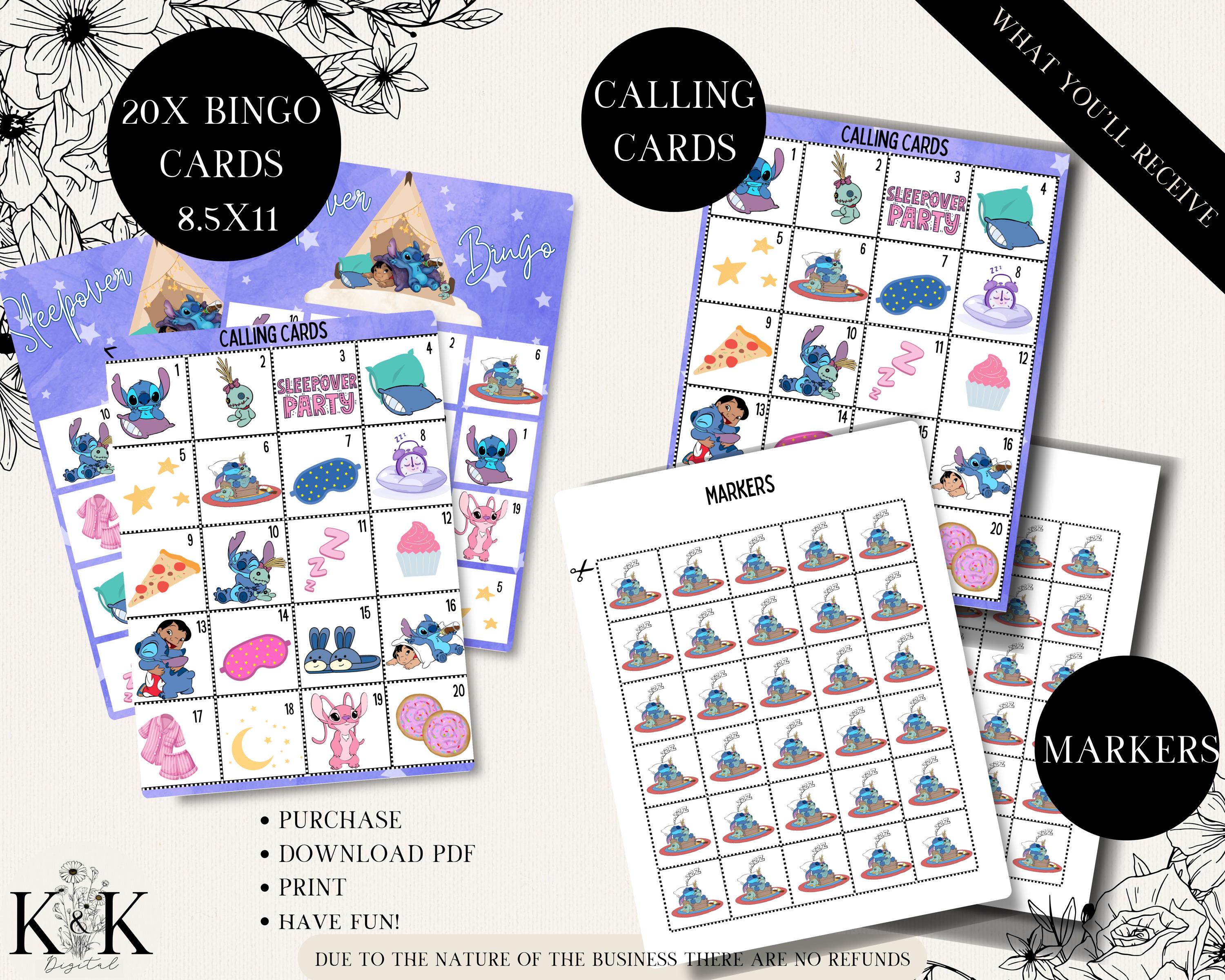 Stitch Slumber Party Bingo, Pajama Party Bingo, Sleepover Bingo, 20 Slumber Party Bingo Cards, Pajama Party Game, Slumber Party Game, S007