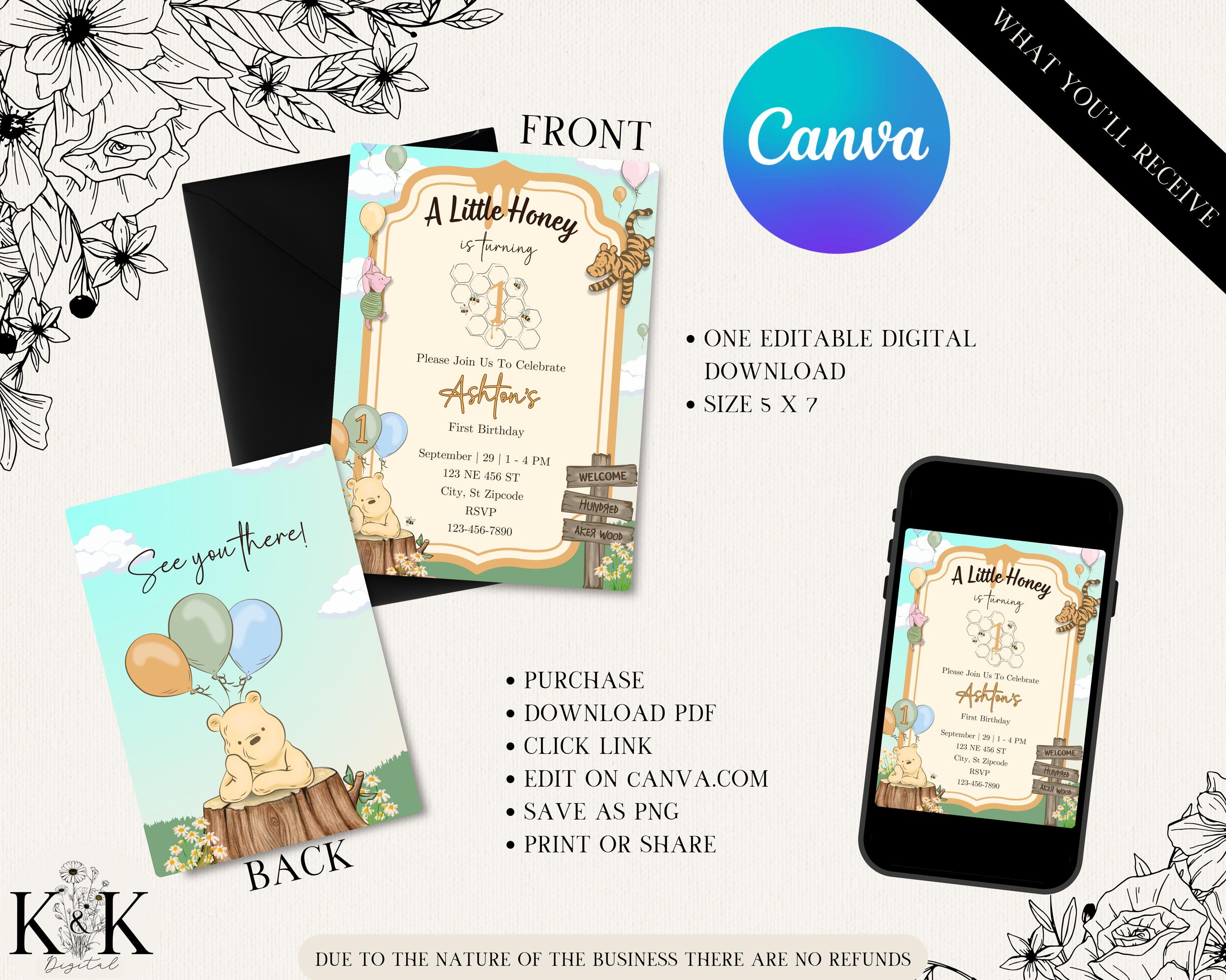 Winnie the Pooh Birthday Invitation | A Little Honey First Birthday Invite | Editable Digital Template | Boy or Girl Party | P001