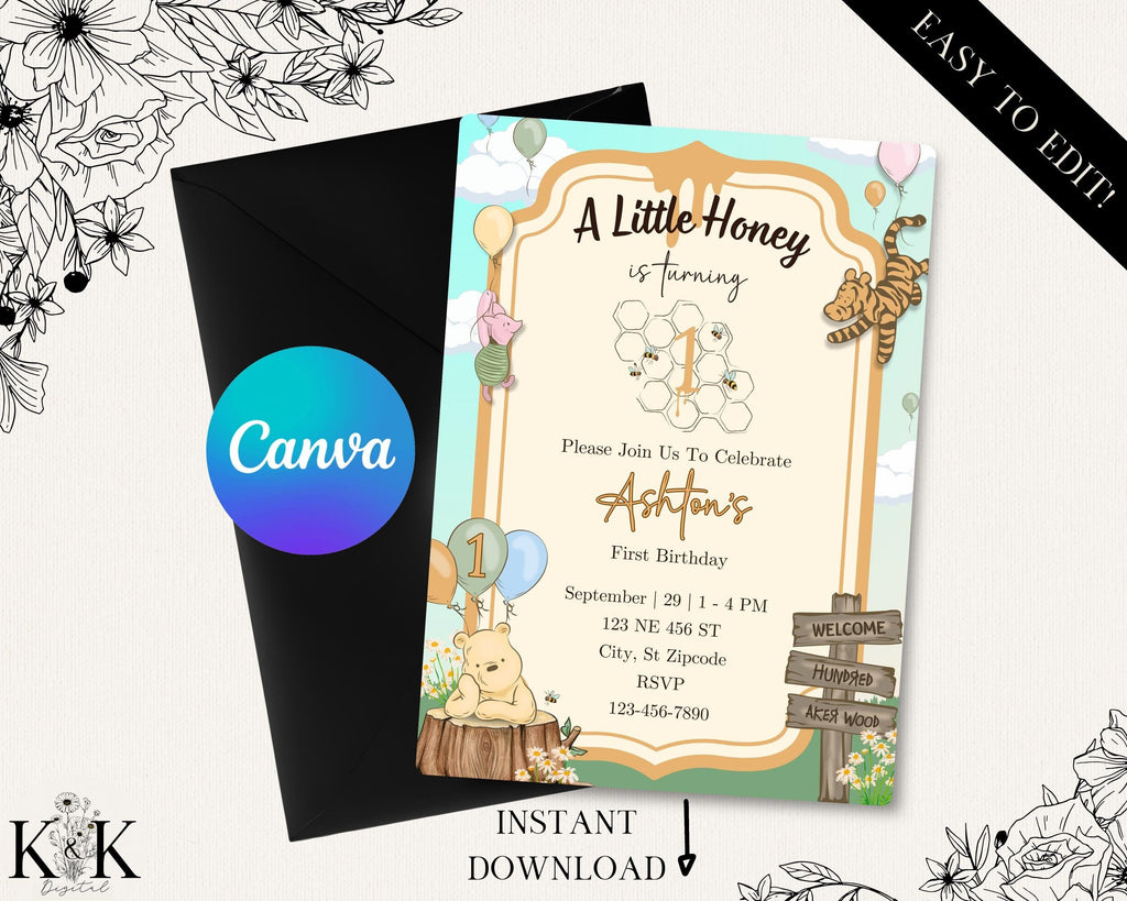 Winnie the Pooh Birthday Invitation | A Little Honey First Birthday Invite | Editable Digital Template | Boy or Girl Party | P001
