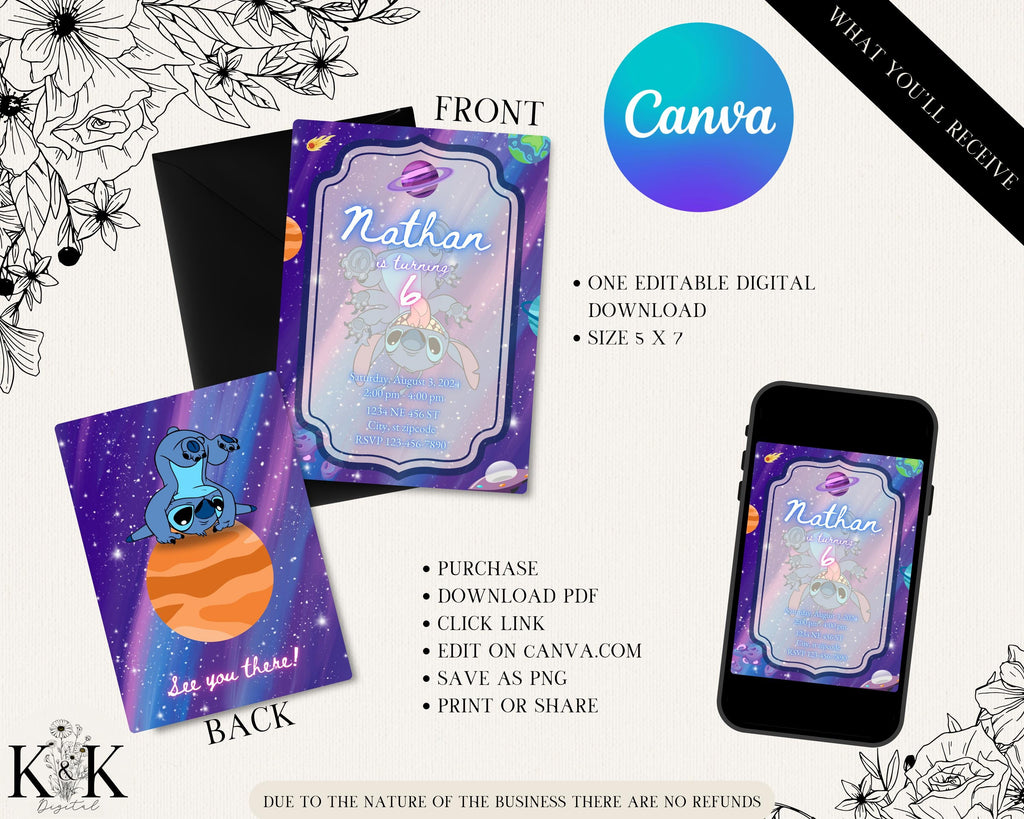 Stitch Space Theme Party Invitation, Outer Space Birthday Invite Party, Digital Download Invitation, Canva Template, Stitch Party