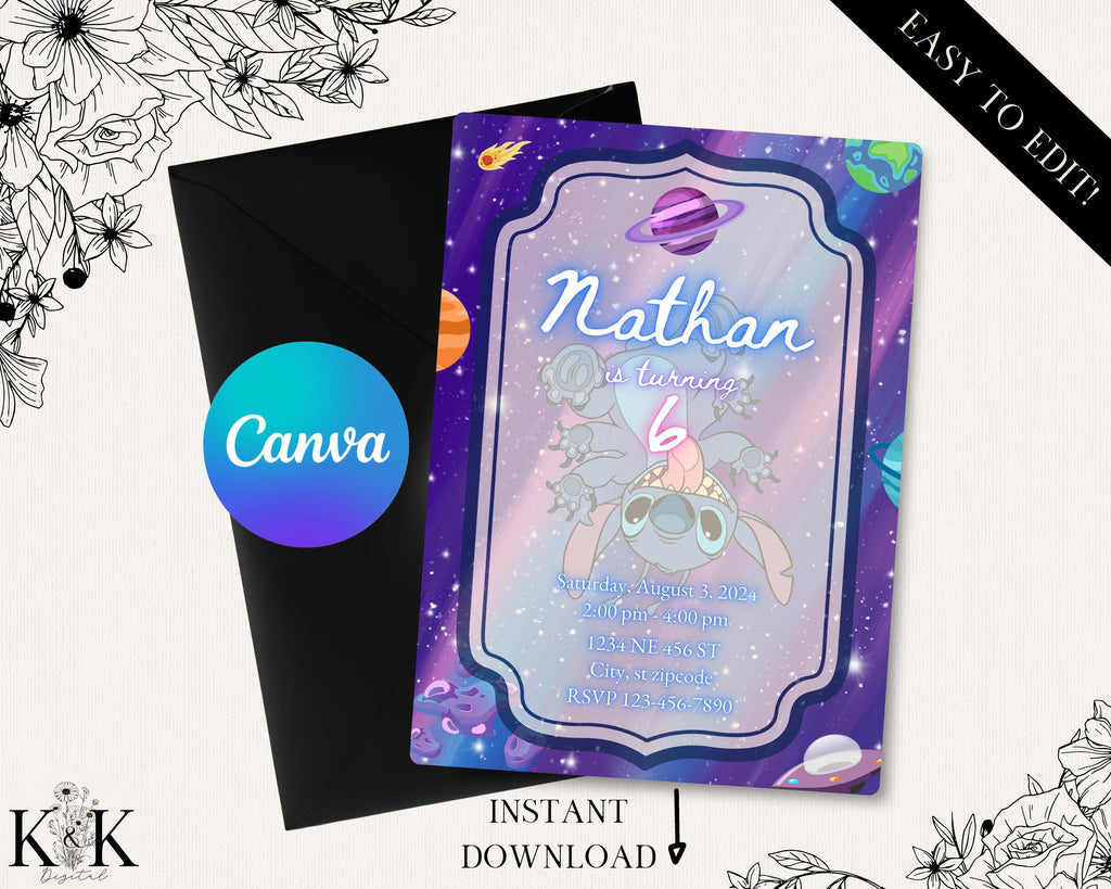 Stitch Space Theme Party Invitation, Outer Space Birthday Invite Party, Digital Download Invitation, Canva Template, Stitch Party