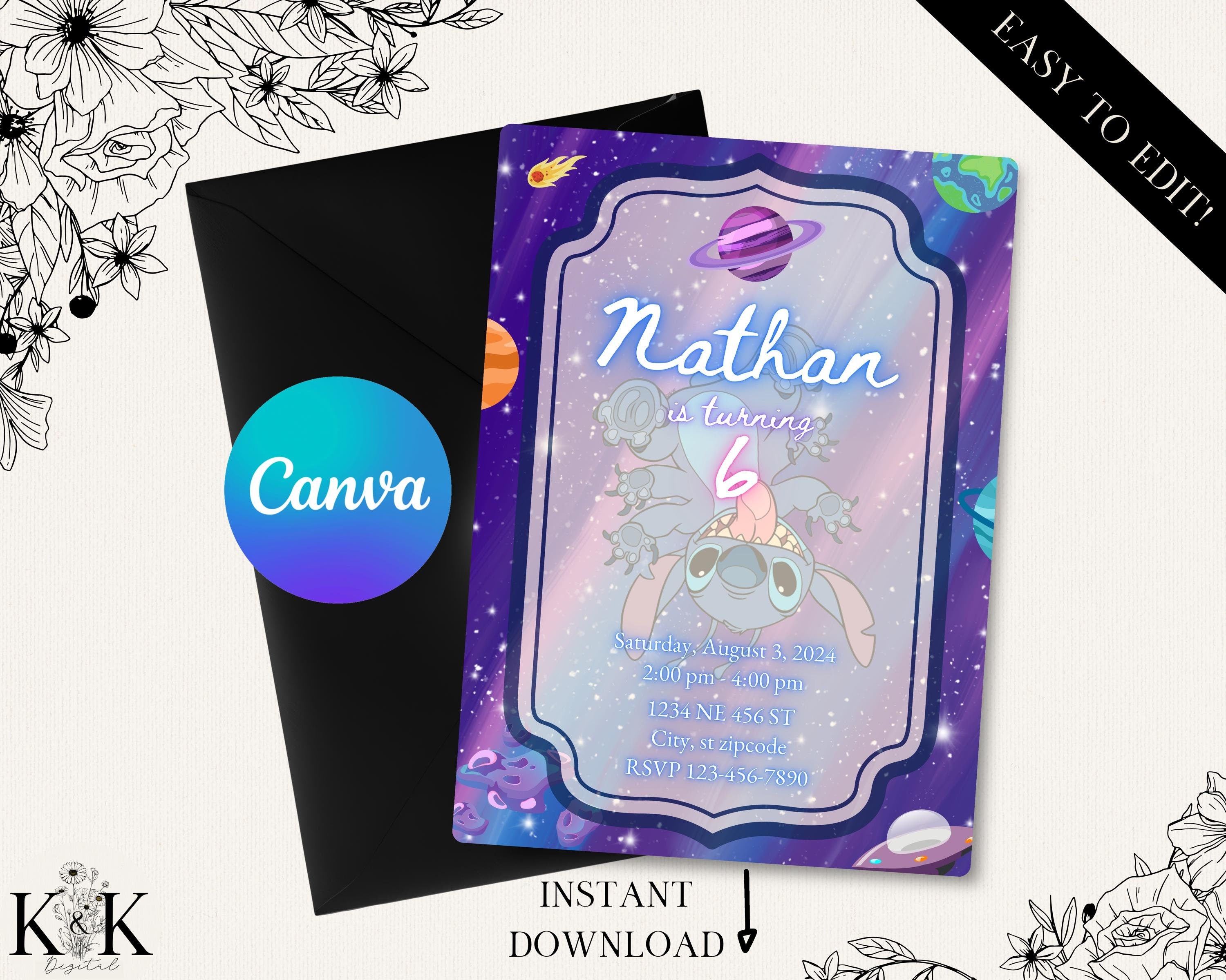 Stitch Space Theme Party Invitation, Outer Space Birthday Invite Party, Digital Download Invitation, Canva Template, Stitch Party