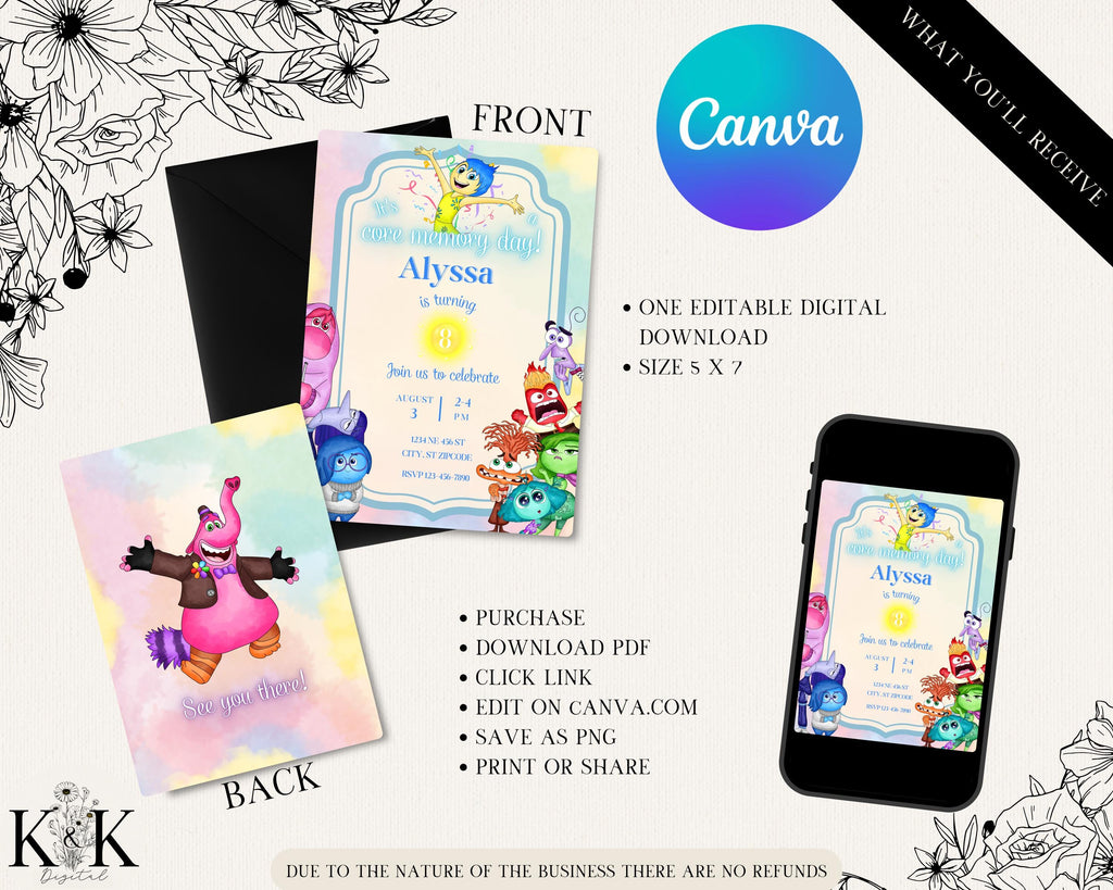 Inside out 2 Birthday invitation, insideout printable Invitation, movie Party Invite Template, Editable Invitation, boy girl Birthday, I001