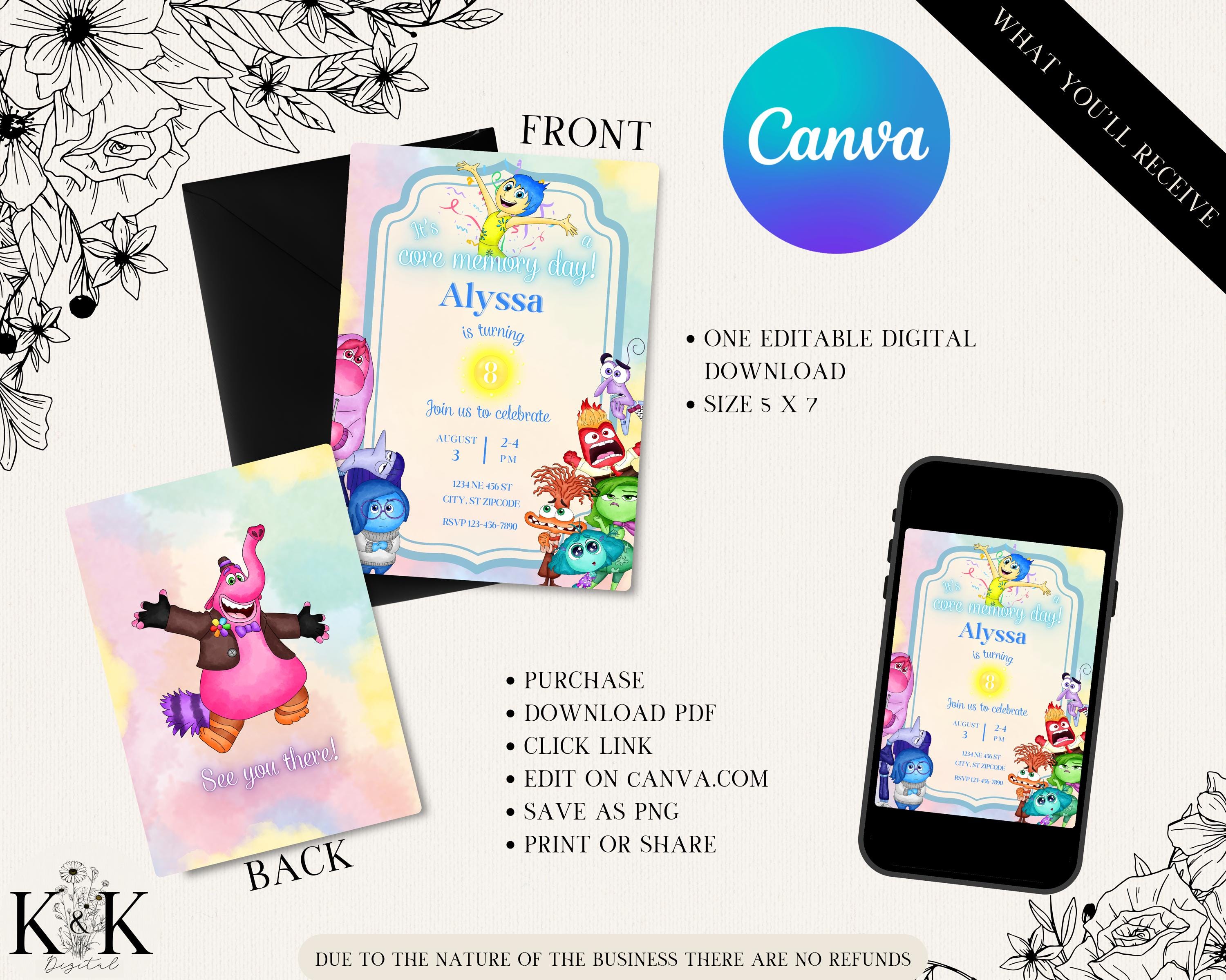 Inside out 2 Birthday invitation, insideout printable Invitation, movie Party Invite Template, Editable Invitation, boy girl Birthday, I001