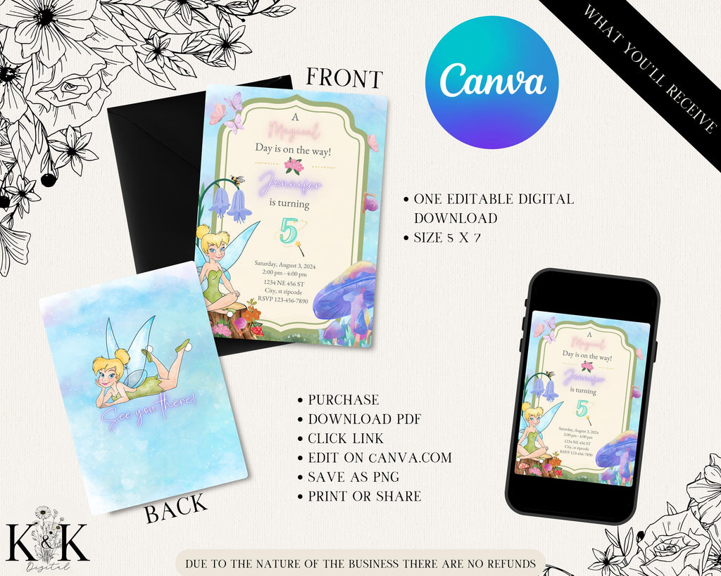 Editable Tinker B Birthday Invitation, Fairy Tink Bell Birthday Party Invitation, Tinker Invitation Kid Birthday, Tinker Birthday Invitation