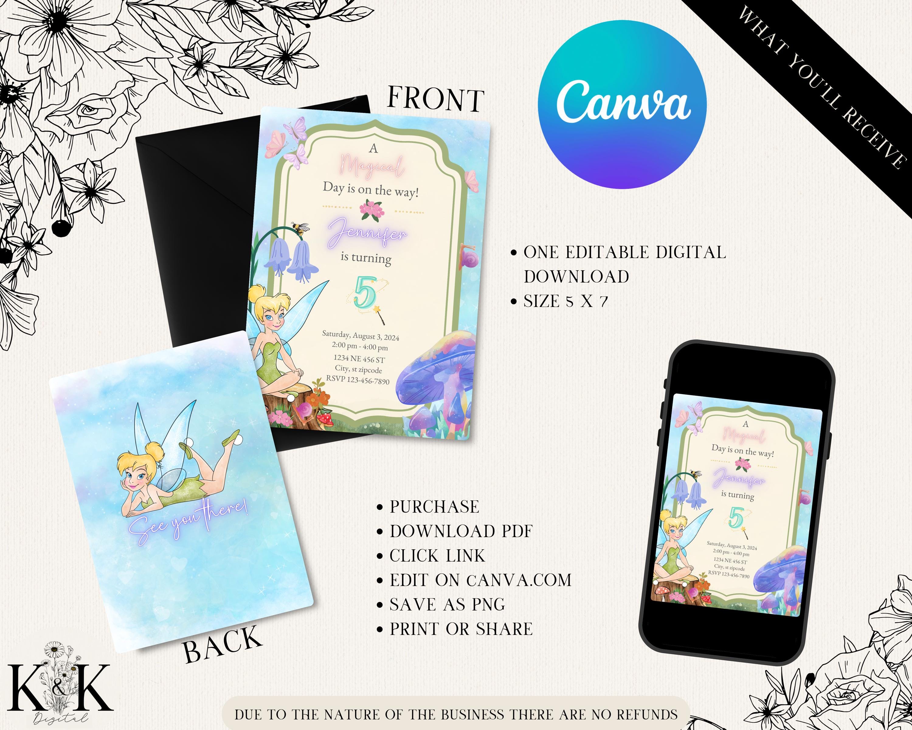Editable Tinker B Birthday Invitation, Fairy Tink Bell Birthday Party Invitation, Tinker Invitation Kid Birthday, Tinker Birthday Invitation