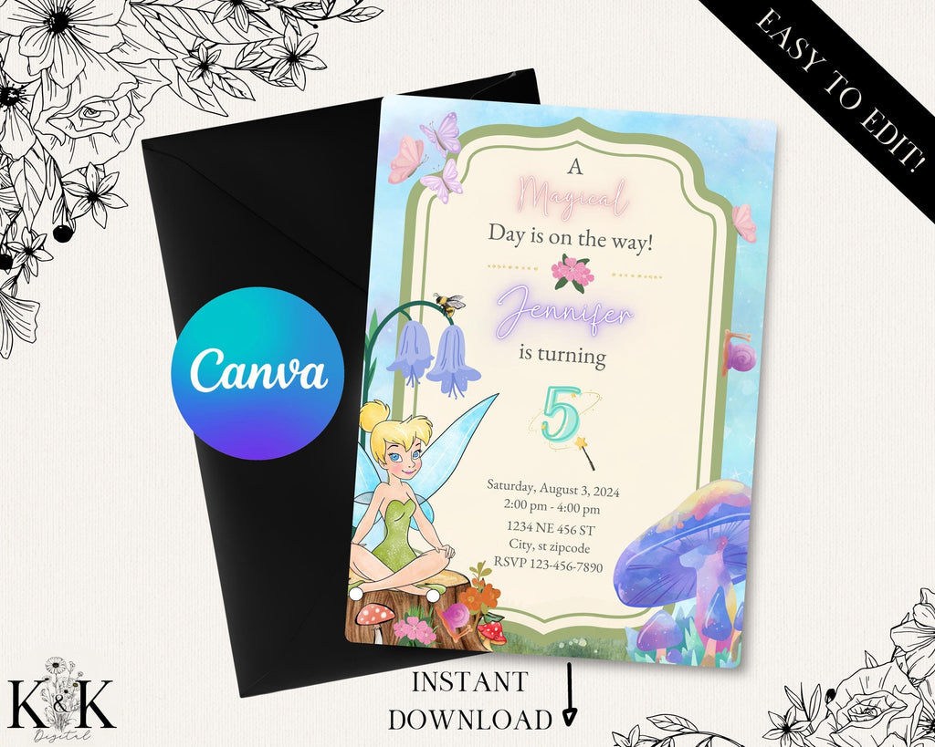 Editable Tinker B Birthday Invitation, Fairy Tink Bell Birthday Party Invitation, Tinker Invitation Kid Birthday, Tinker Birthday Invitation