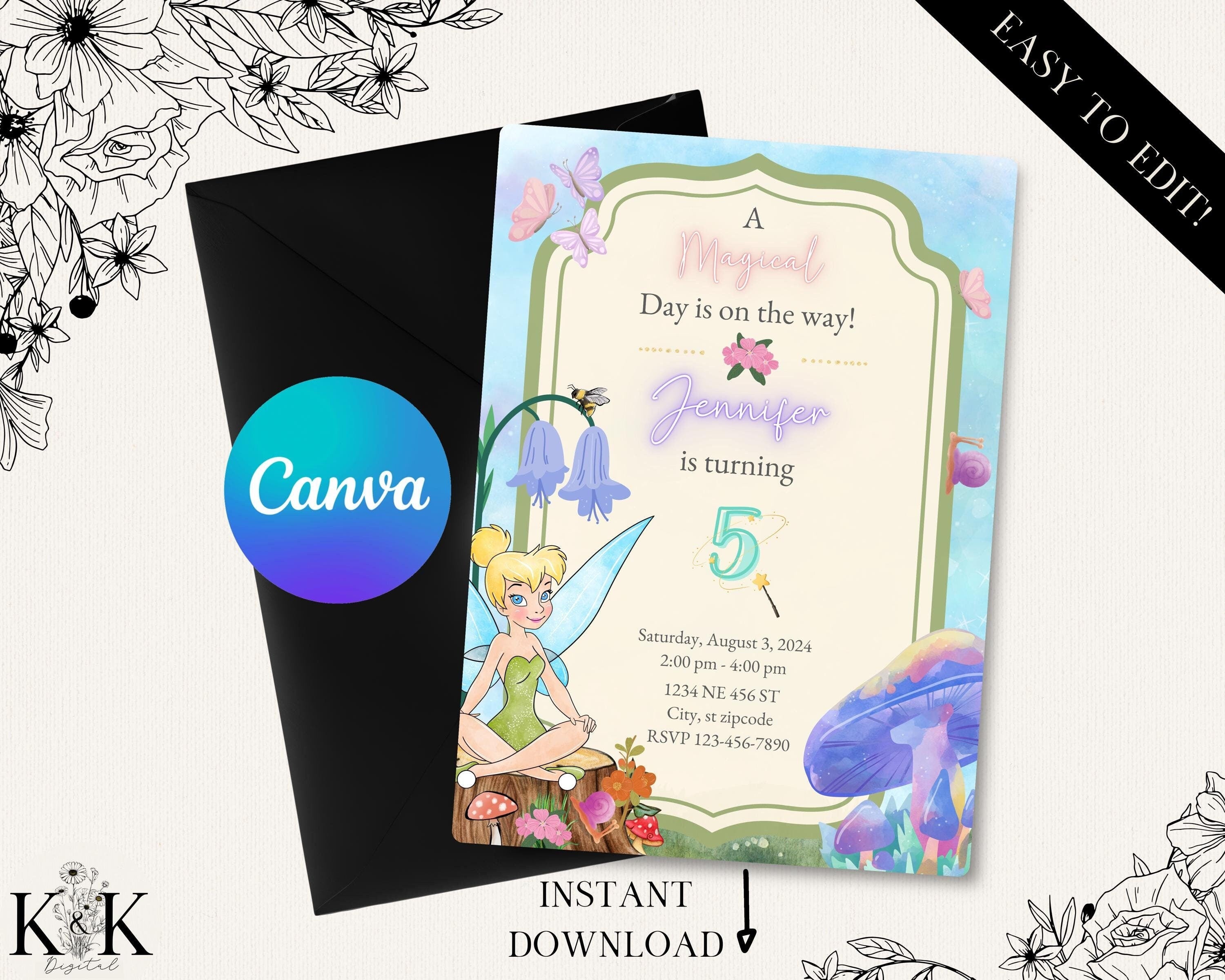 Editable Tinker B Birthday Invitation, Fairy Tink Bell Birthday Party Invitation, Tinker Invitation Kid Birthday, Tinker Birthday Invitation
