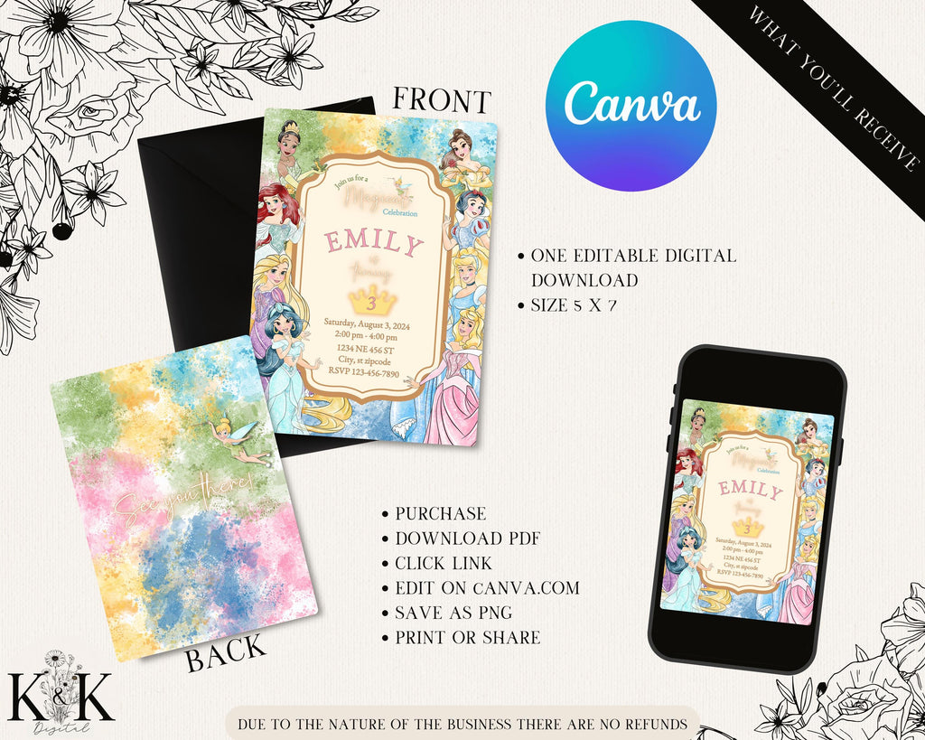 Princess Birthday Invitation, Princess Invitation, Royal Celebration Invite, Disney Princess Invite, invitation Template