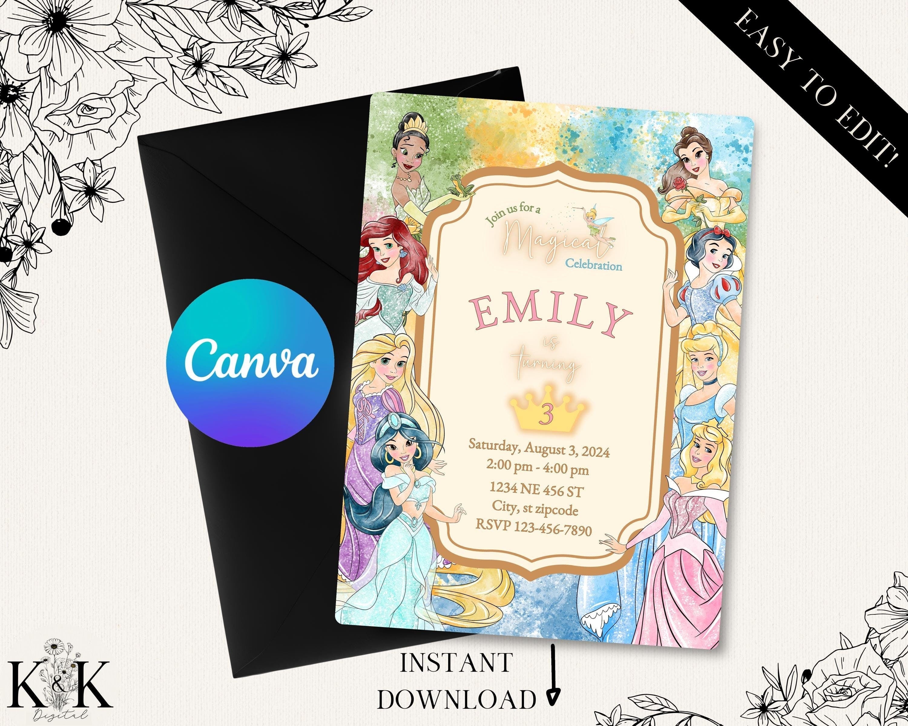 Princess Birthday Invitation, Princess Invitation, Royal Celebration Invite, Disney Princess Invite, invitation Template