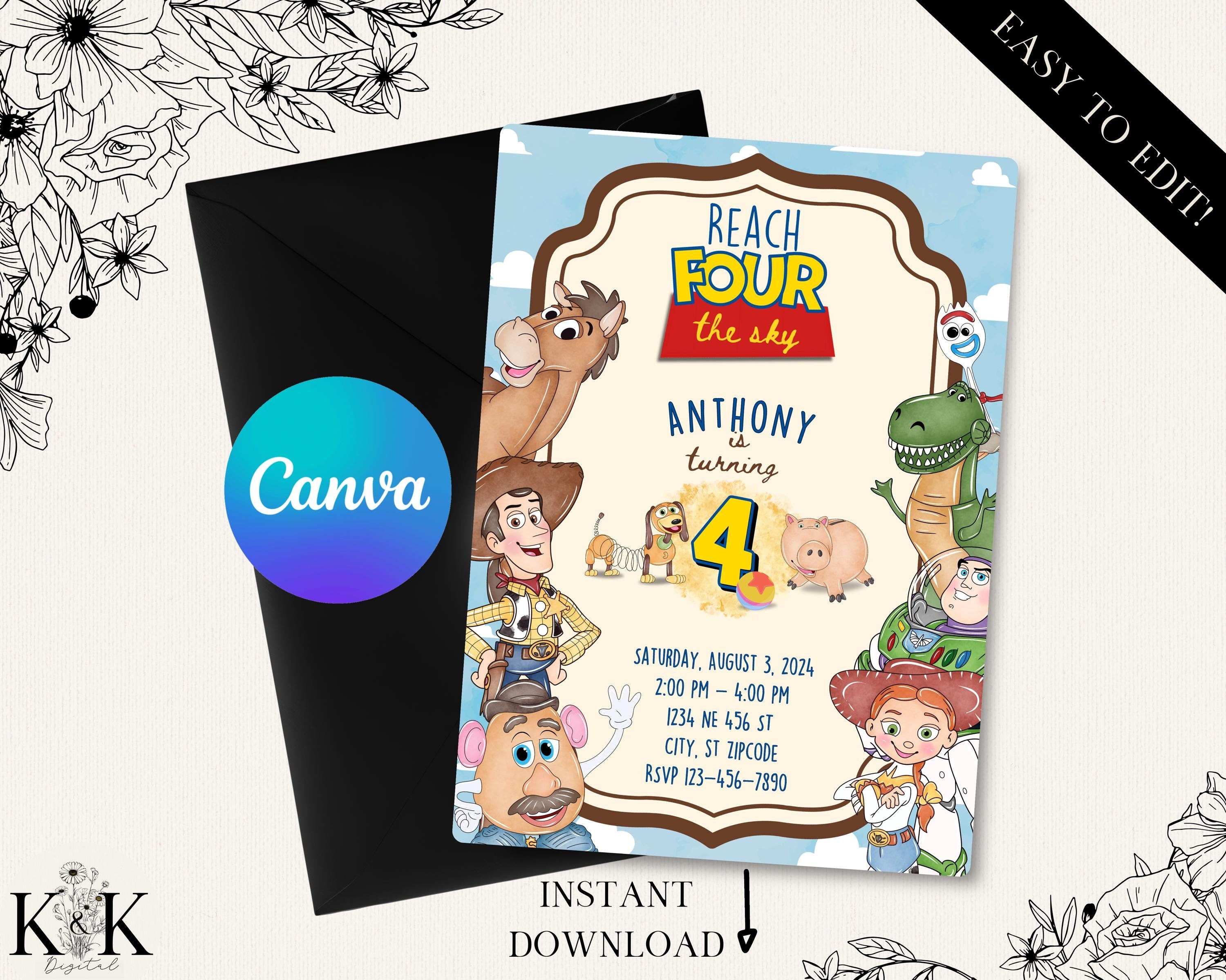 Reach for the Sky fourth Birthday Toy Story Invitation, Fourth Birthday Party, Kids Digital invitation, Kids Birthday Party, Template, T001