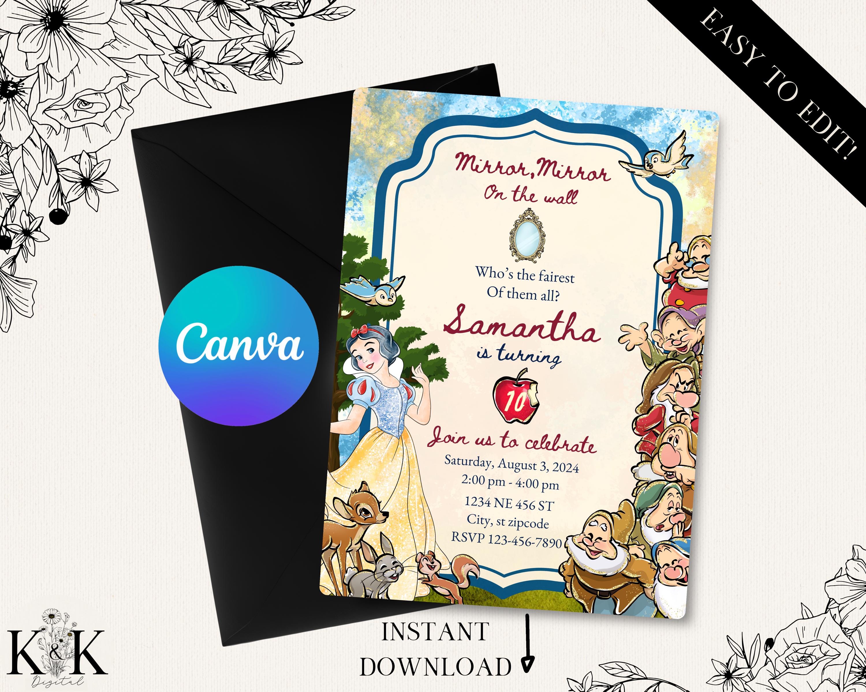 Snow White Birthday Invitation, Editable Digital File, Princess Party Theme, Instant Download, Digital Invitation, Disney Party, D008