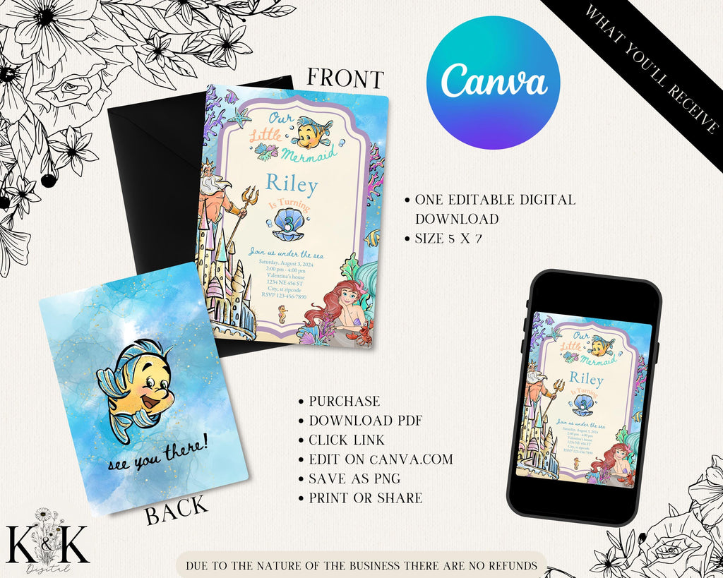 Little Mermaid Birthday Invitation, Editable Digital File, Princess Party Theme, Instant Download, Digital Invitation, Ariel Sea Party, D006