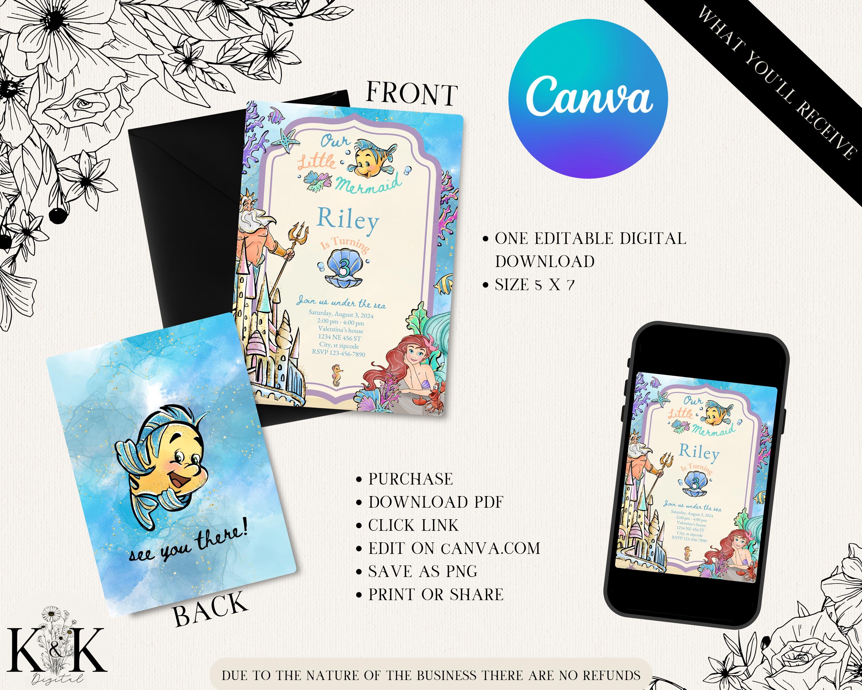Little Mermaid Birthday Invitation, Editable Digital File, Princess Party Theme, Instant Download, Digital Invitation, Ariel Sea Party, D006