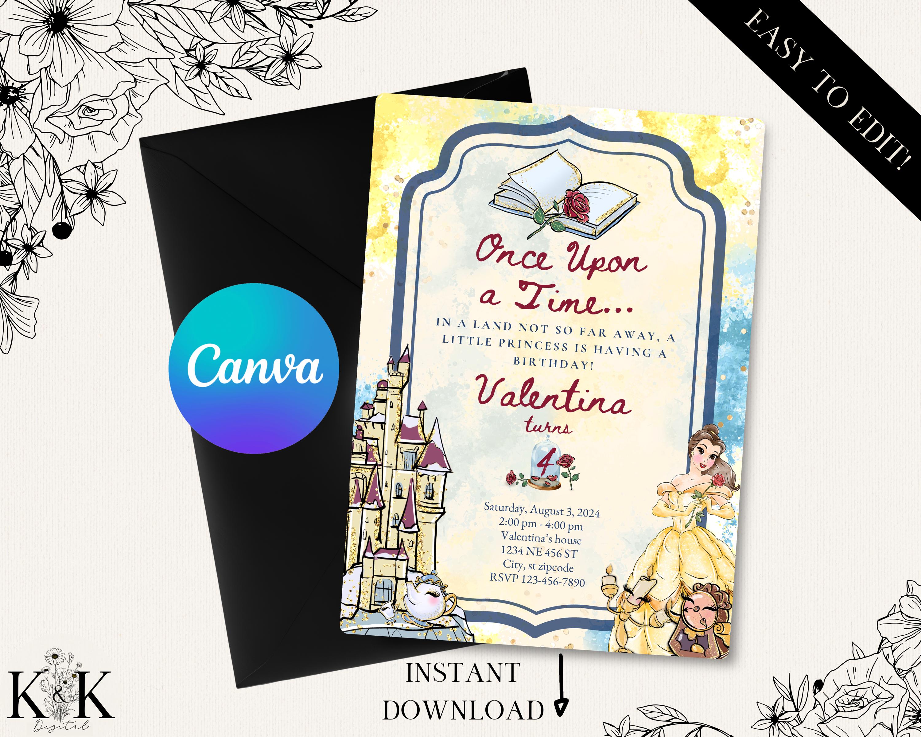 Beauty and The Beast Birthday Invitation, Editable Digital, Princess Party Theme, Instant Download, Belle Party, Digital Invitation, D002