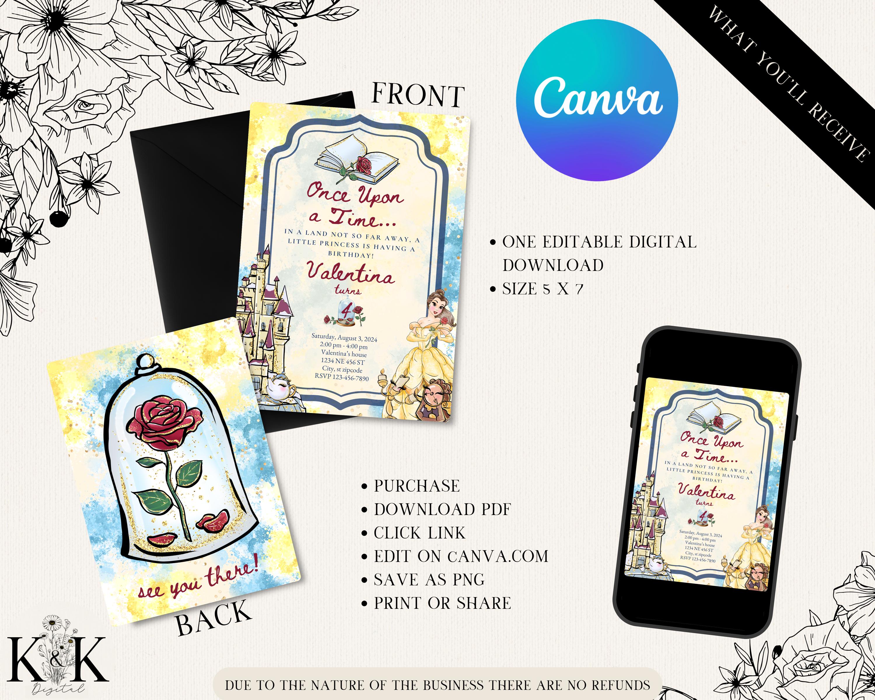Beauty and The Beast Birthday Invitation, Editable Digital, Princess Party Theme, Instant Download, Belle Party, Digital Invitation, D002
