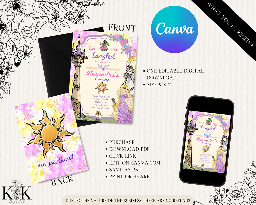 Tangled Birthday Invitation, Editable Digital File, Princess Party Theme, Instant Download, Digital Invitation, Rapunzel Party, D004