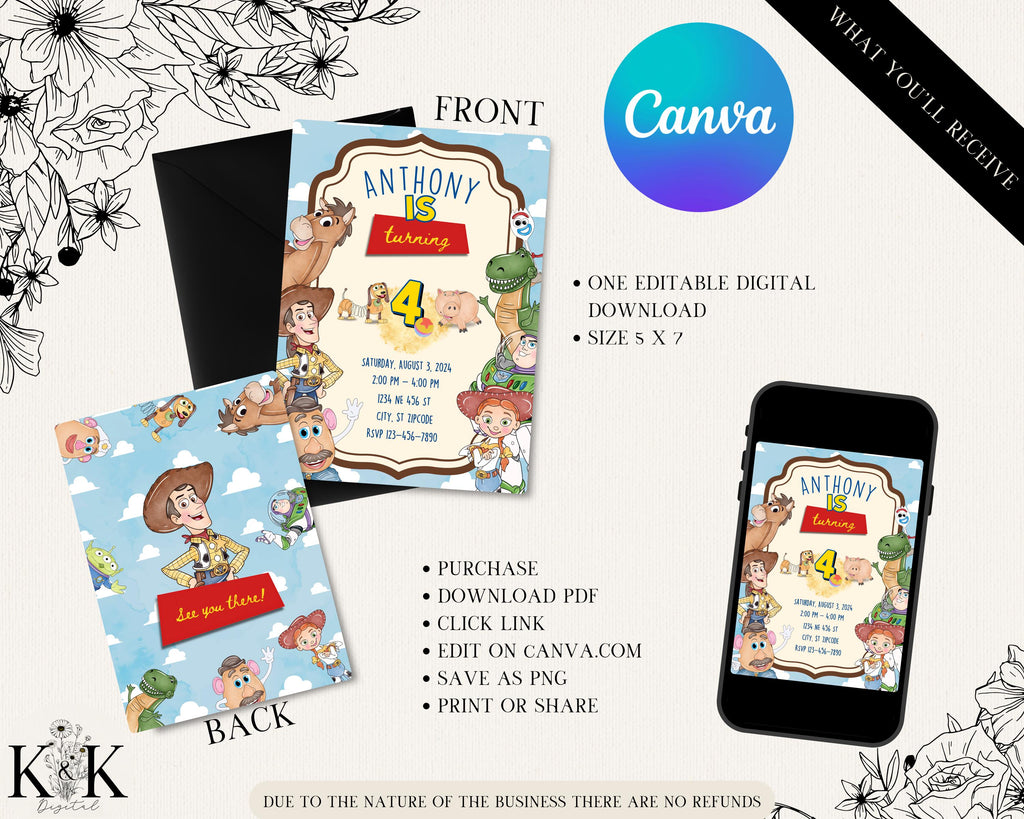 Toy Story Birthday Invitation, Toy Story Birthday Party, Kids Digital invitation, Kids Birthday Party, Template, Toy Story Invite, T001