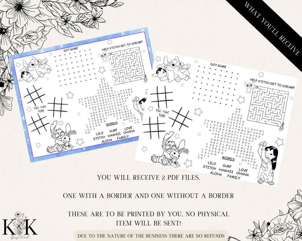 Stitch Kid Activity Placemat, Kids Placemat, Kids Coloring Sheet, Lilo and Stitch Party Games, Activity Sheets for Kids, Coloring Page, S006
