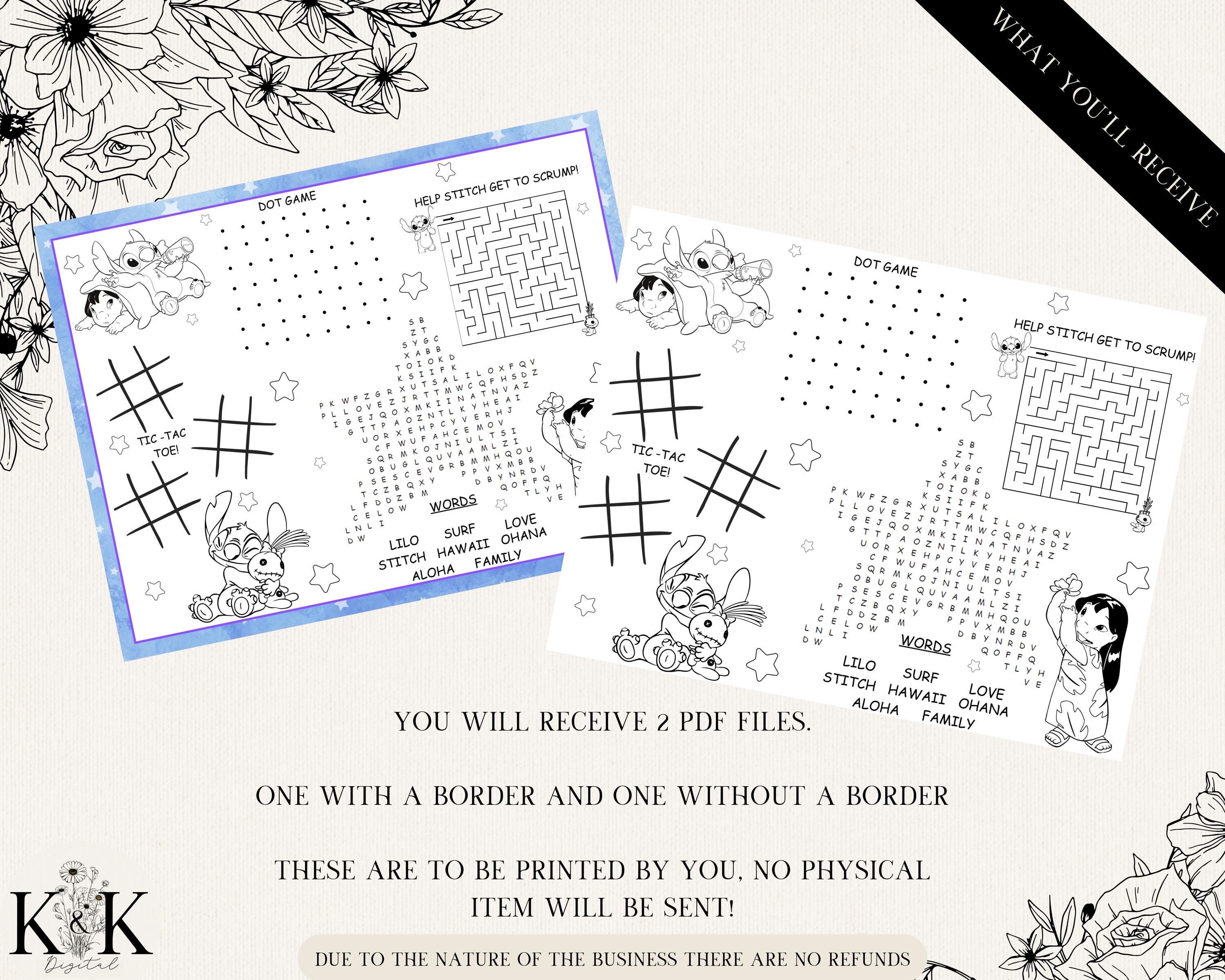 Stitch Kid Activity Placemat, Kids Placemat, Kids Coloring Sheet, Lilo and Stitch Party Games, Activity Sheets for Kids, Coloring Page, S006