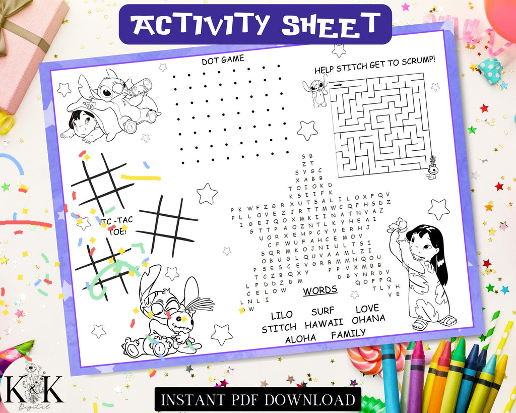 Stitch Kid Activity Placemat, Kids Placemat, Kids Coloring Sheet, Lilo and Stitch Party Games, Activity Sheets for Kids, Coloring Page, S007