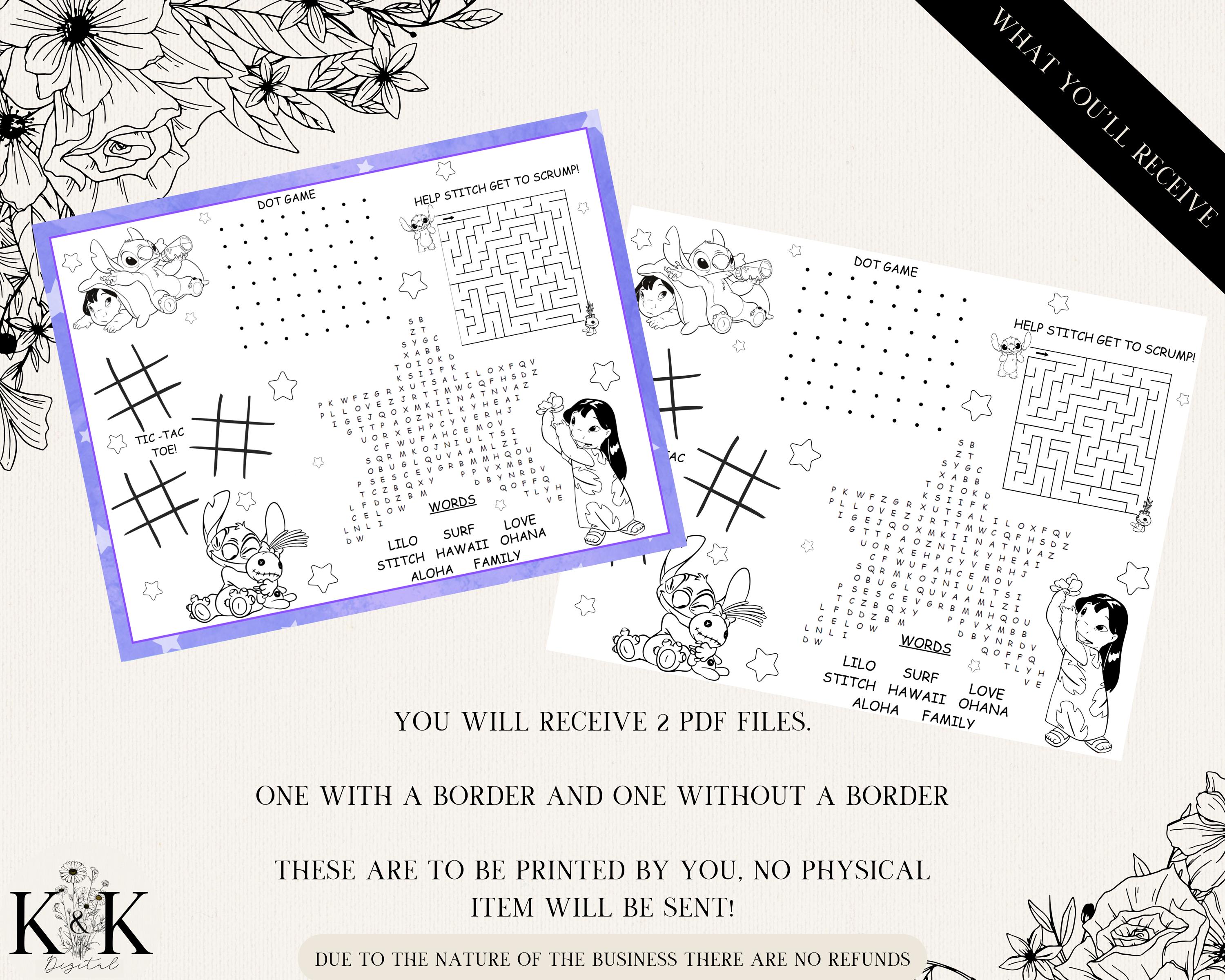 Stitch Kid Activity Placemat, Kids Placemat, Kids Coloring Sheet, Lilo and Stitch Party Games, Activity Sheets for Kids, Coloring Page, S007