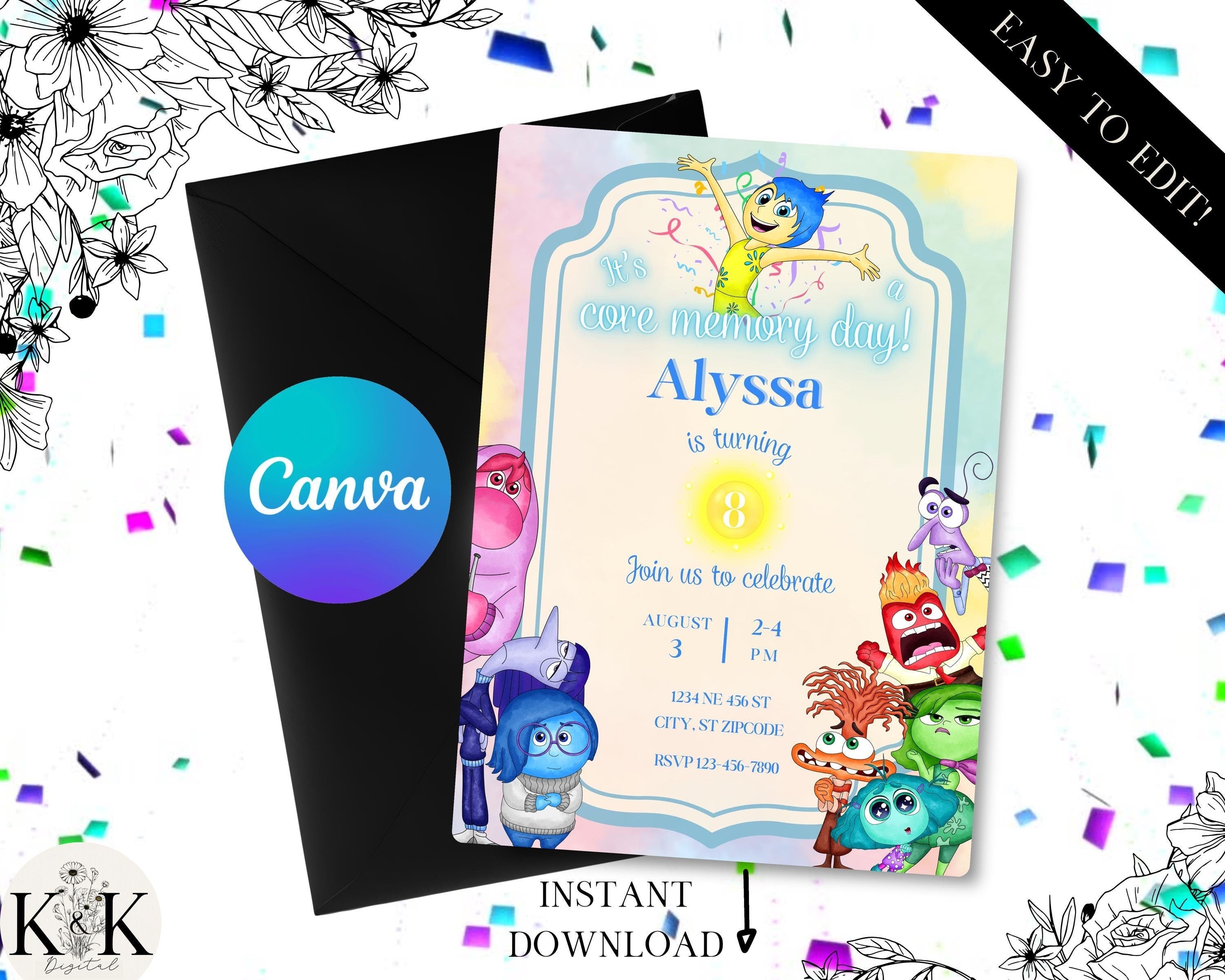 Inside out 2 Birthday invitation, insideout printable Invitation, movie Party Invite Template, Editable Invitation, boy girl Birthday, I001