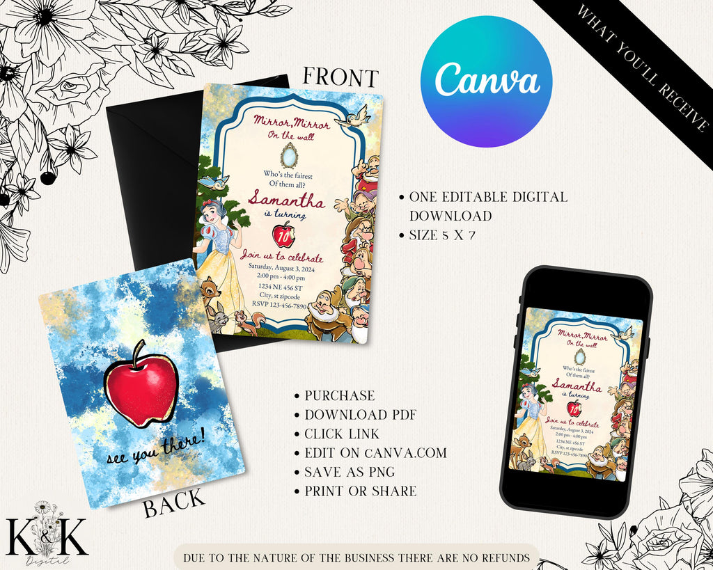 Snow White Birthday Invitation, Editable Digital File, Princess Party Theme, Instant Download, Digital Invitation, Disney Party, D008