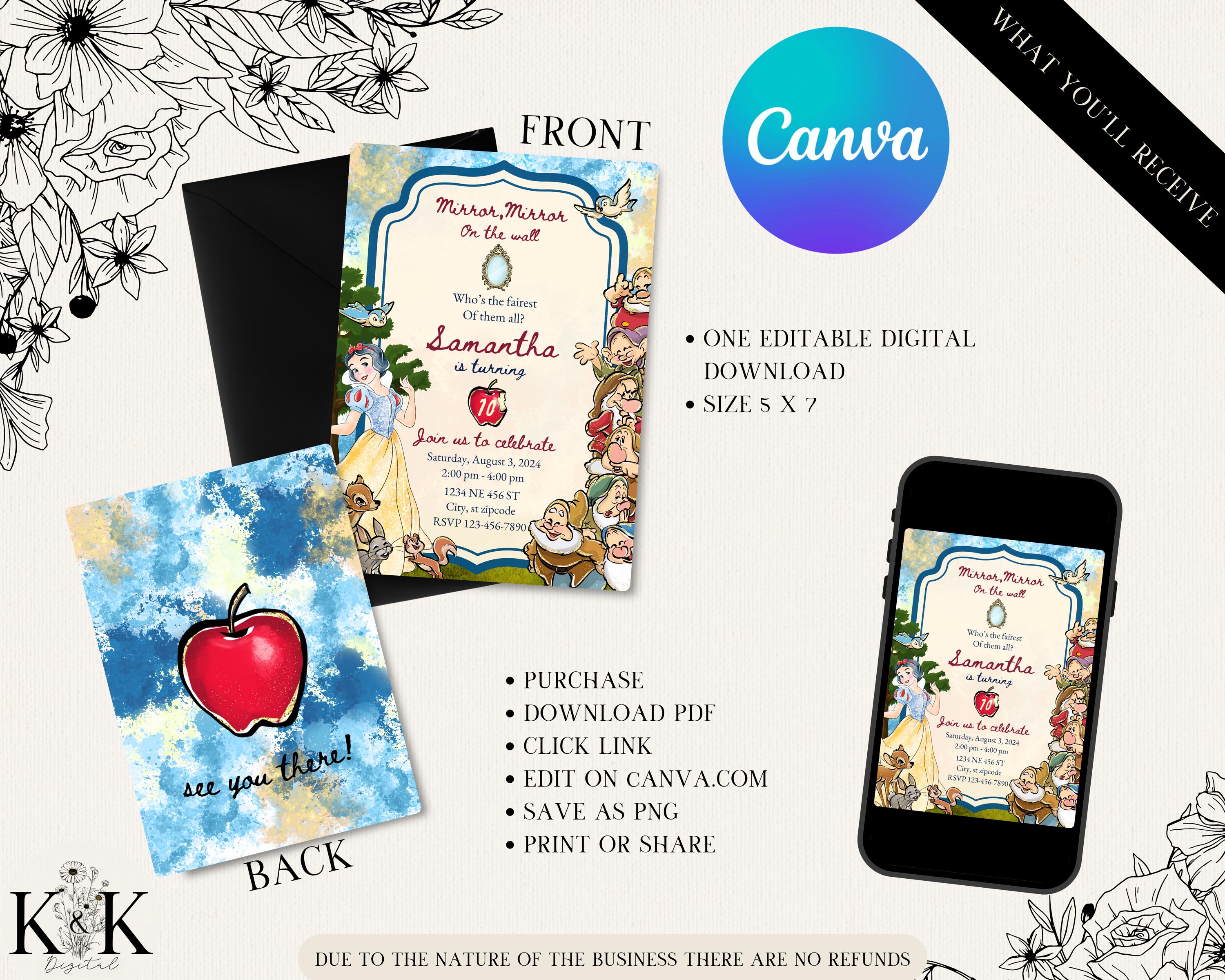 Snow White Birthday Invitation, Editable Digital File, Princess Party Theme, Instant Download, Digital Invitation, Disney Party, D008