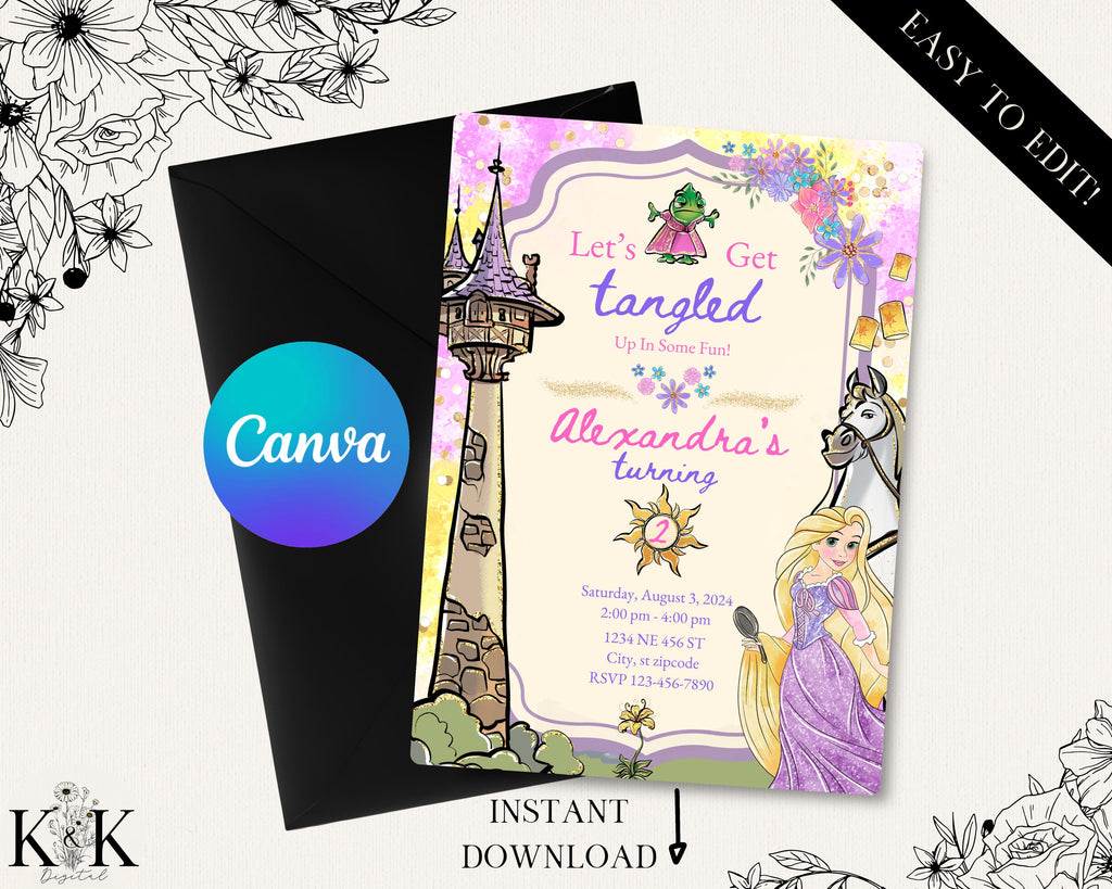 Tangled Birthday Invitation, Editable Digital File, Princess Party Theme, Instant Download, Digital Invitation, Rapunzel Party, D004
