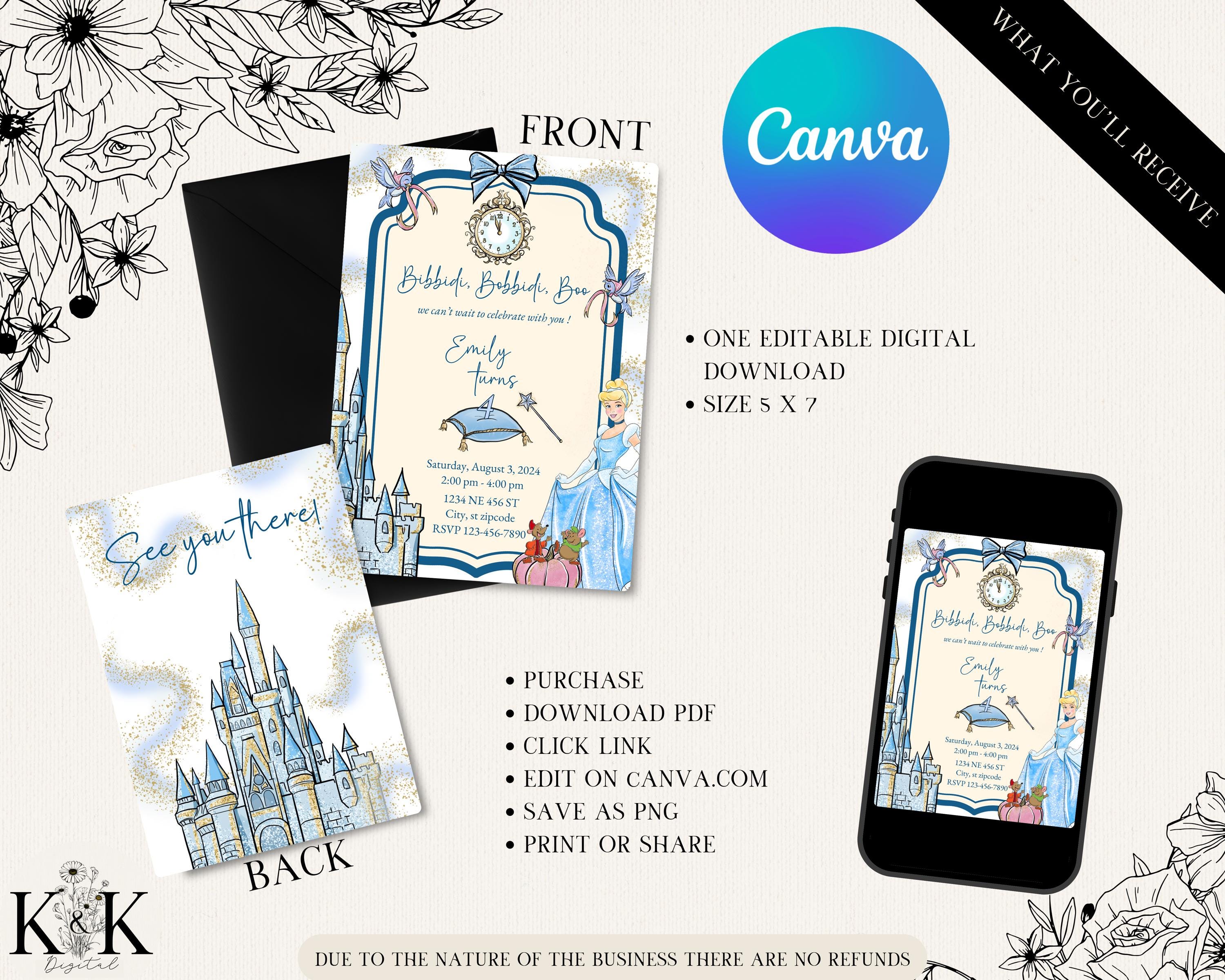 Cinderella Birthday Invitation, Princess Party Theme, Disney Party, Cinderella Party Invite, Canva Template, Digital Invitation, Royal, D013