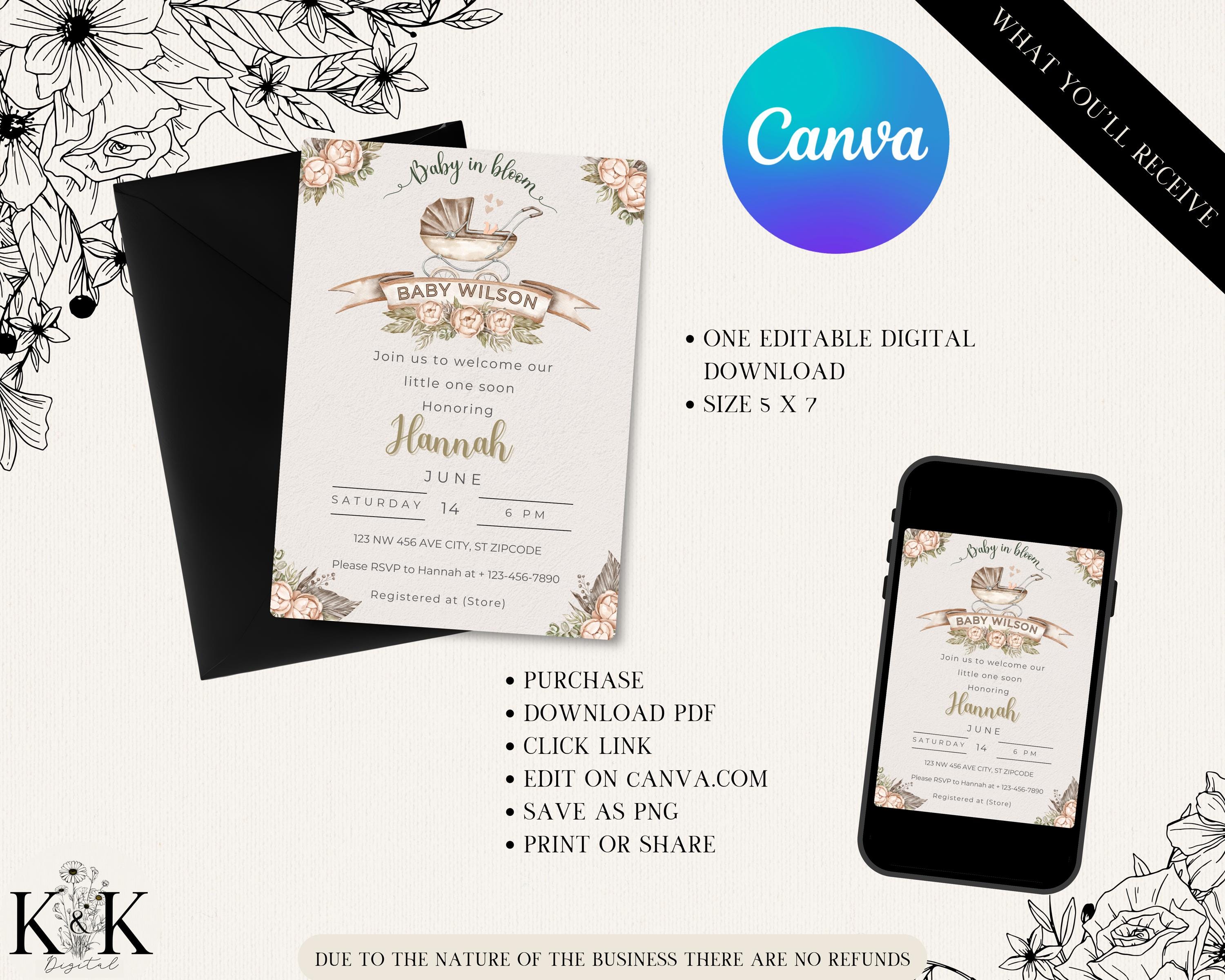 Baby in Bloom Invitation, Boho Baby Shower invitation, Floral Baby shower, Digital Baby shower invitation template, Canva Template, B000