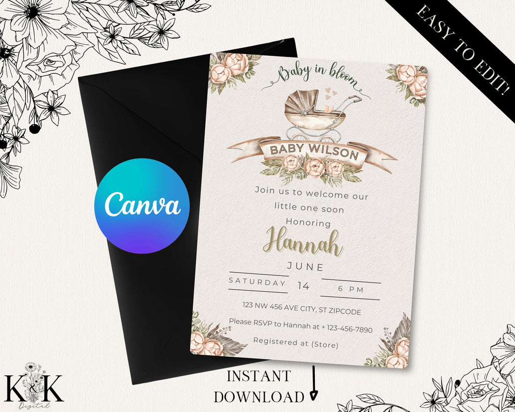 Baby in Bloom Invitation, Boho Baby Shower invitation, Floral Baby shower, Digital Baby shower invitation template, Canva Template, B000