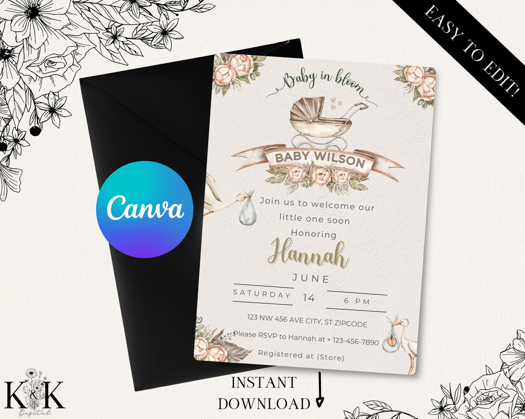 Baby in Bloom Invitation, Boho Baby Shower invitation, Floral Baby shower, Digital Baby shower invitation template, Canva Template, B001