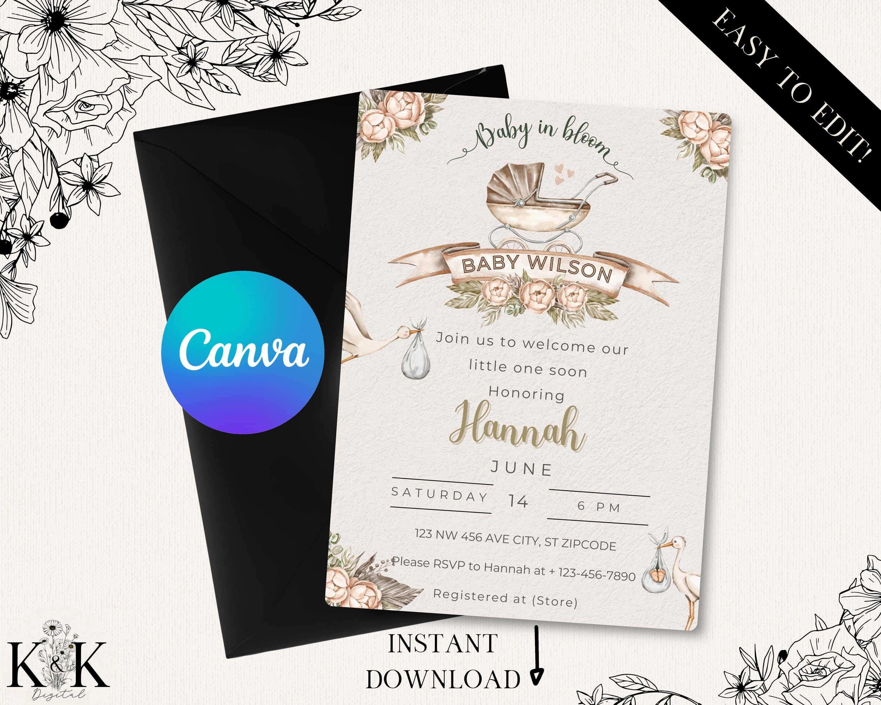 Baby in Bloom Invitation, Boho Baby Shower invitation, Floral Baby shower, Digital Baby shower invitation template, Canva Template, B001