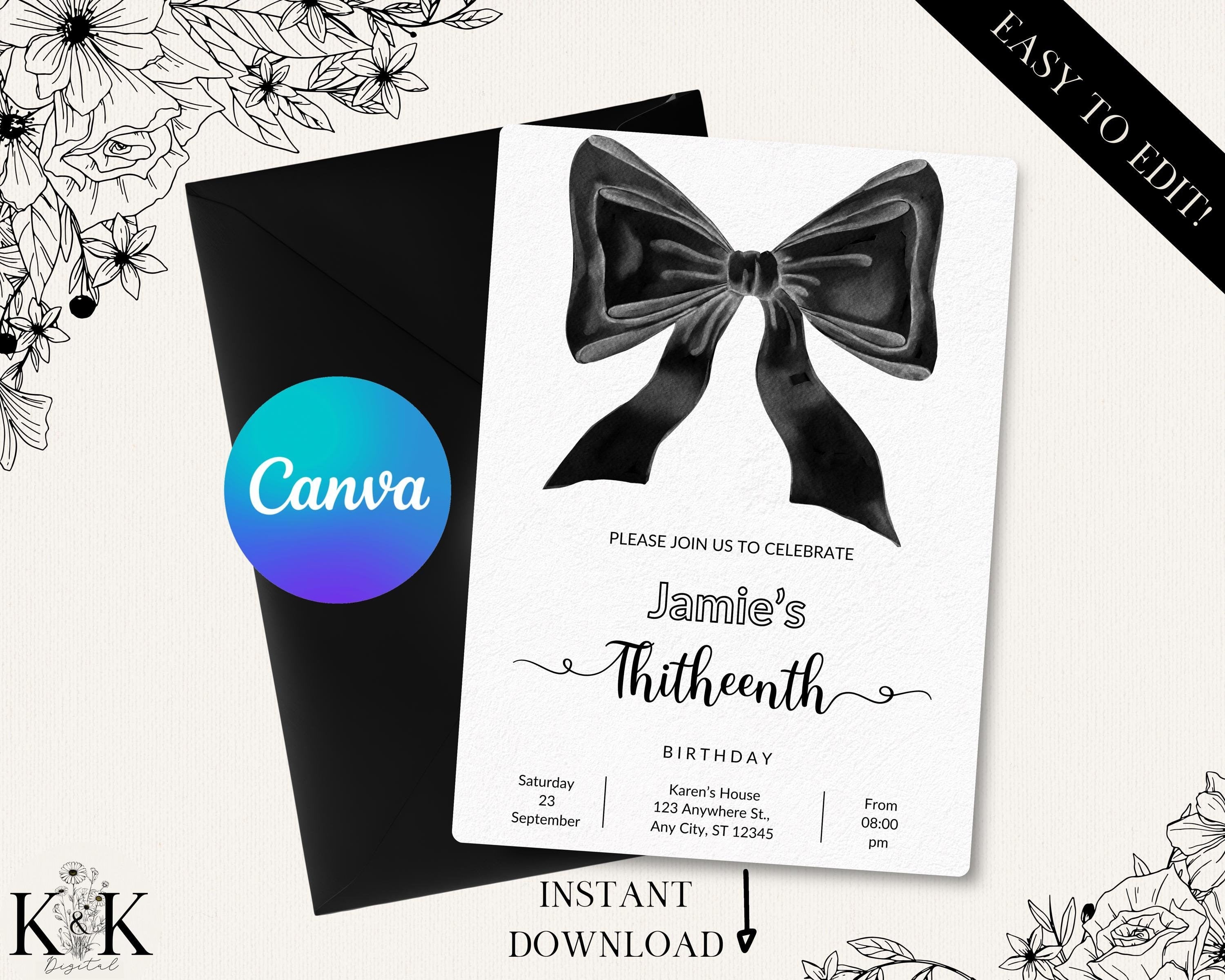 Coquette 13th Birthday Invitation, Girl Mobile 13th Birthday Invite, Fancy Bow Birthday Invitations for 13th, Sleepover Invitation, B017