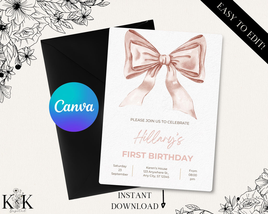 Editable Bow Invitation, 1st Birthday Minimalist Watercolor Ribbon, Birthday Party, Digital Invite, Canva Template, Coquette First Bday,B016