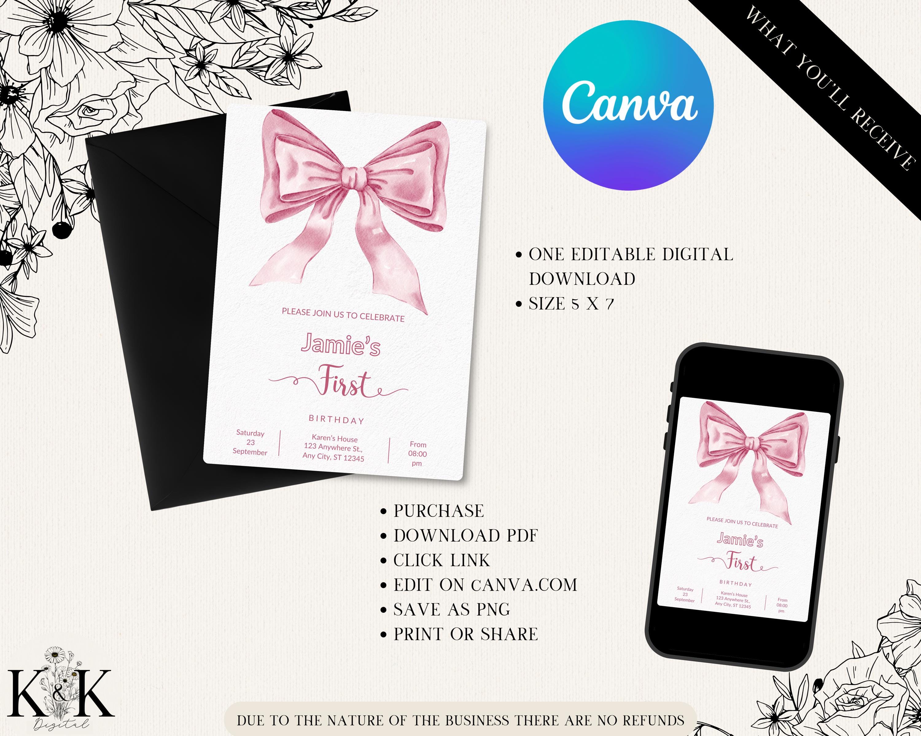 First Birthday, Coquette 1st Birthday Invitation, Girl 1st Birthday Invite, Fancy Bow Birthday Invitations , Editable Canva Template, B019