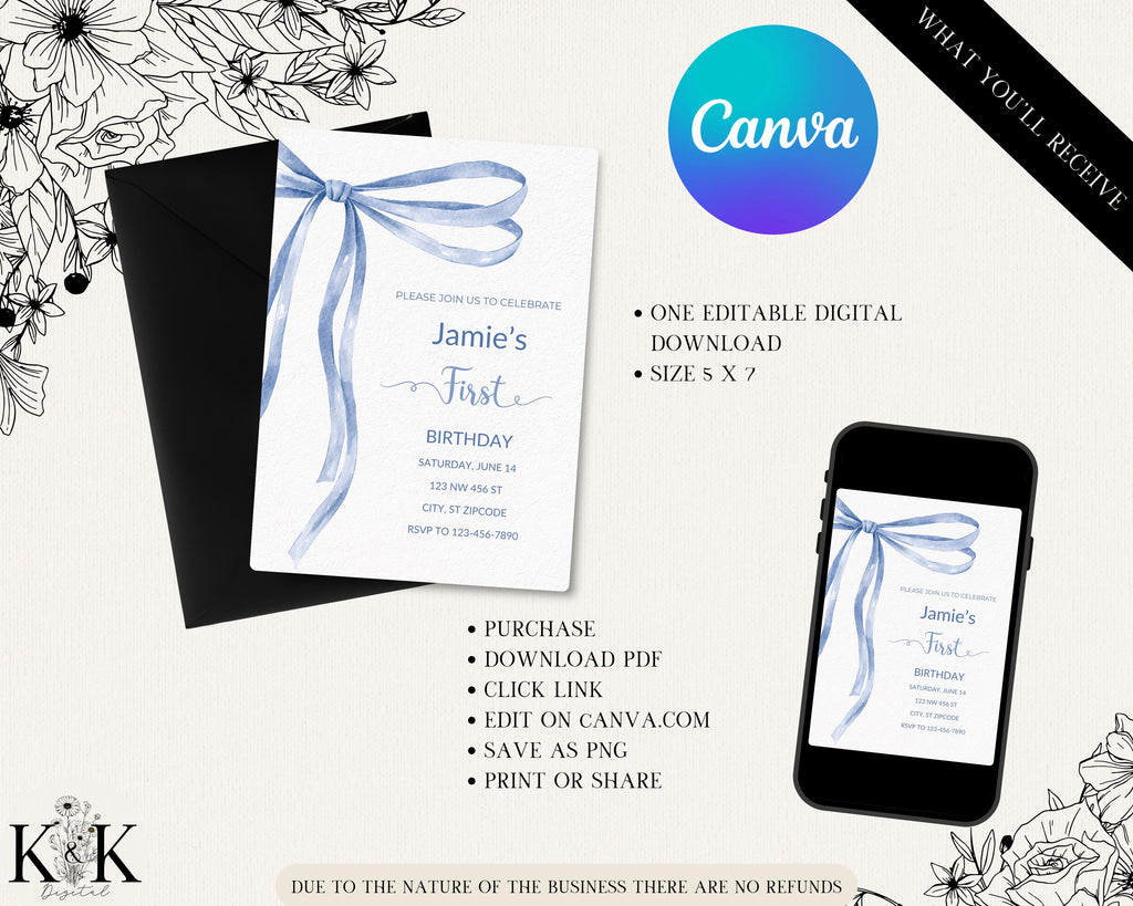 First Birthday, Coquette 1st Birthday Invitation, 1st Birthday Invite, Fancy Bow Birthday Invitations , Editable Canva Template, B022