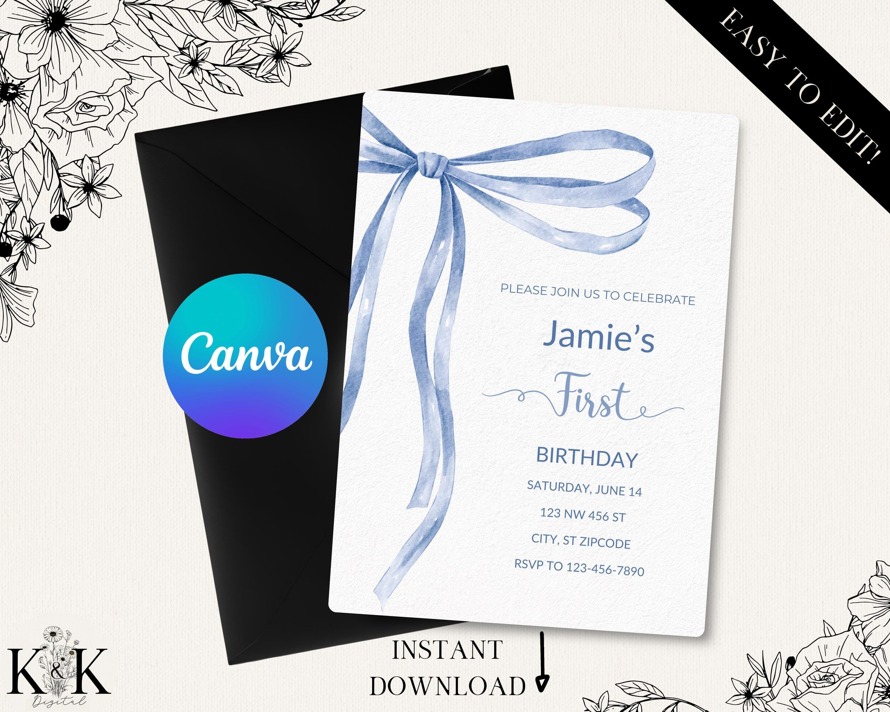 First Birthday, Coquette 1st Birthday Invitation, 1st Birthday Invite, Fancy Bow Birthday Invitations , Editable Canva Template, B022